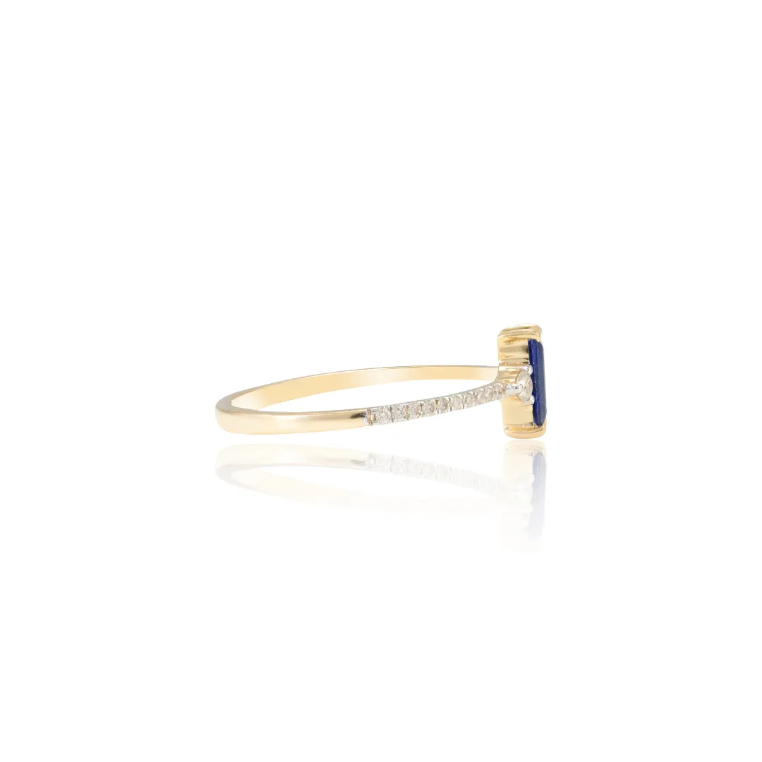 14K Baguette Shape Blue Sapphire and Diamond Ring