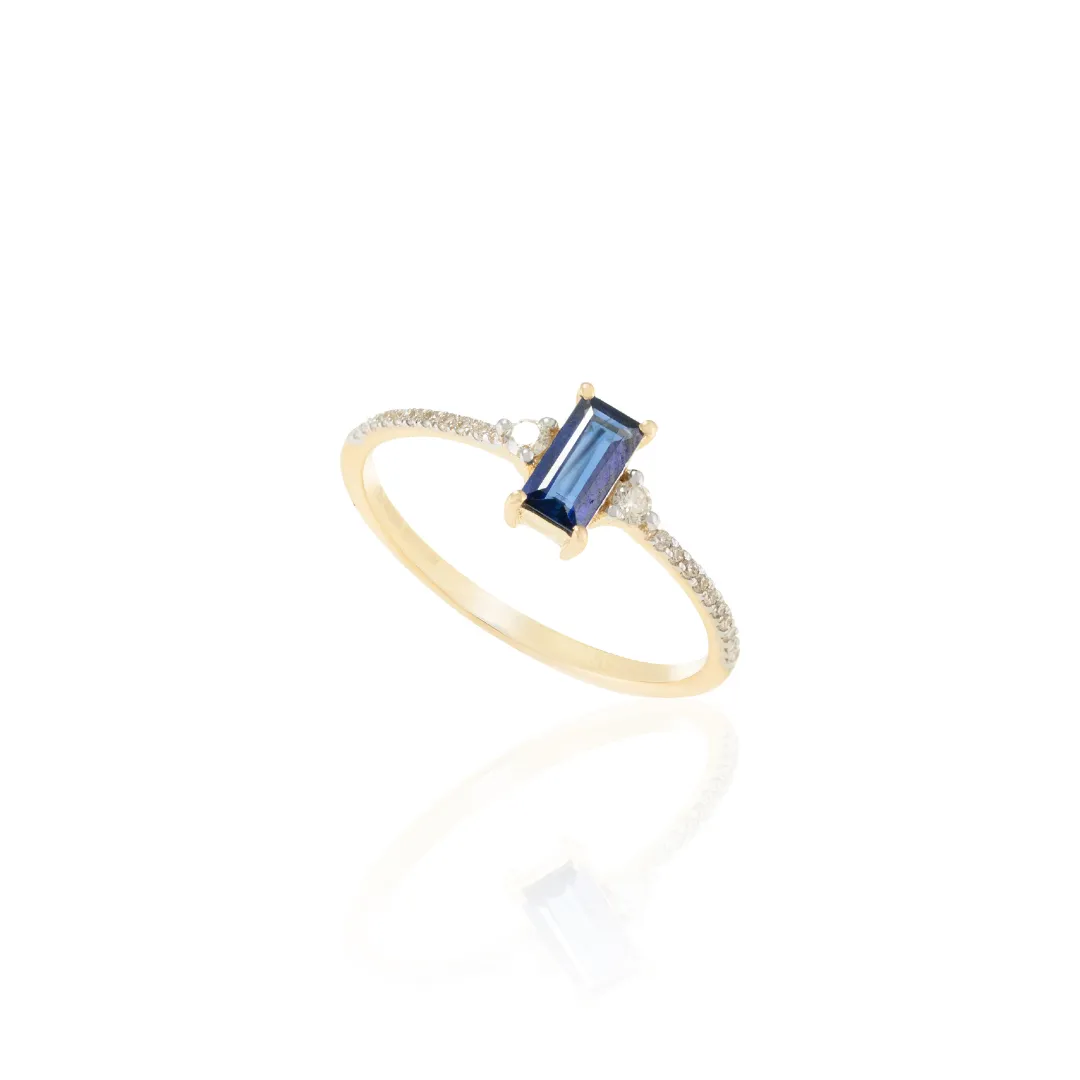 14K Baguette Shape Blue Sapphire and Diamond Ring