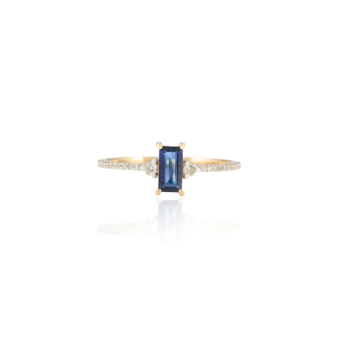 14K Baguette Shape Blue Sapphire and Diamond Ring