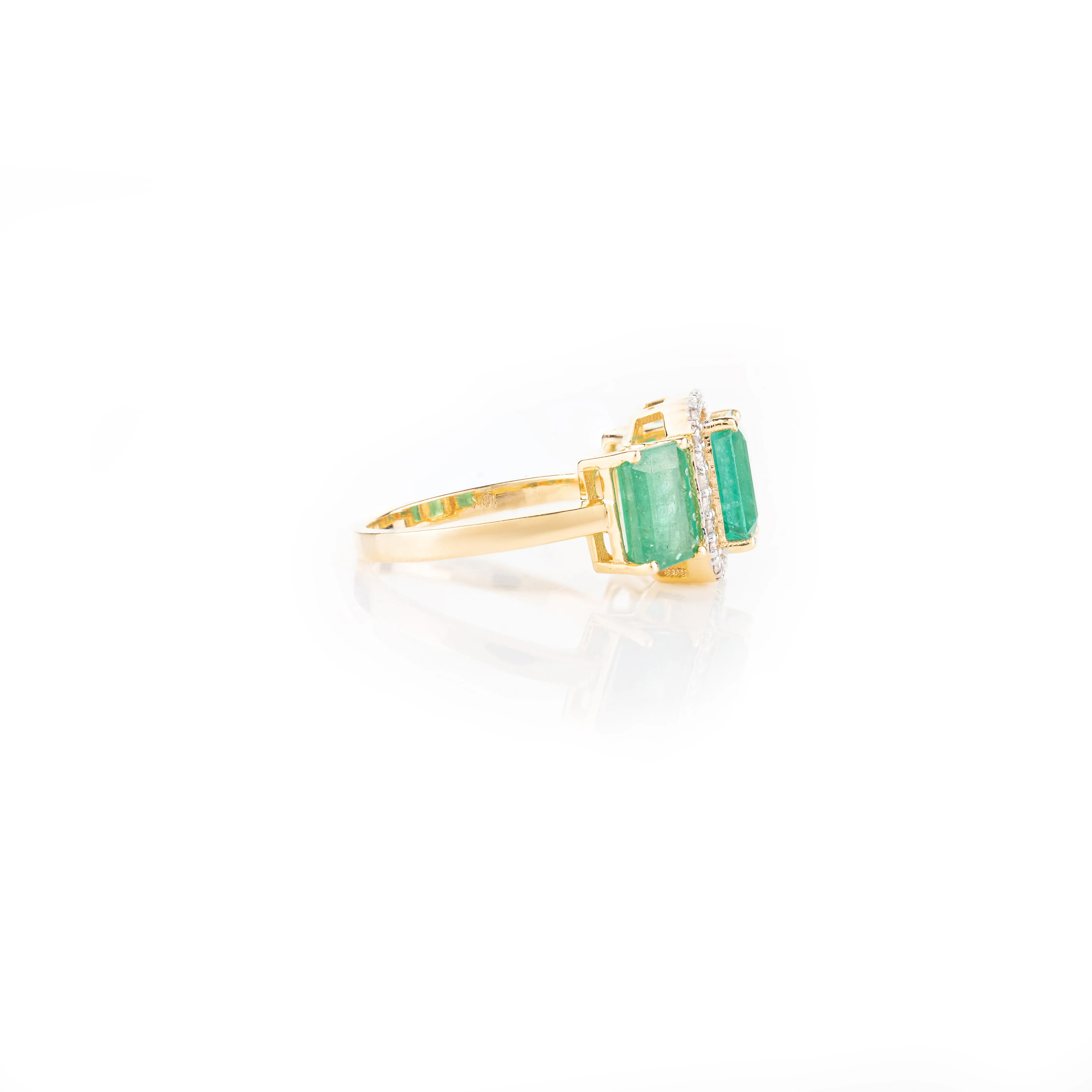 18K Gold Three Stone Emerald Diamond Ring