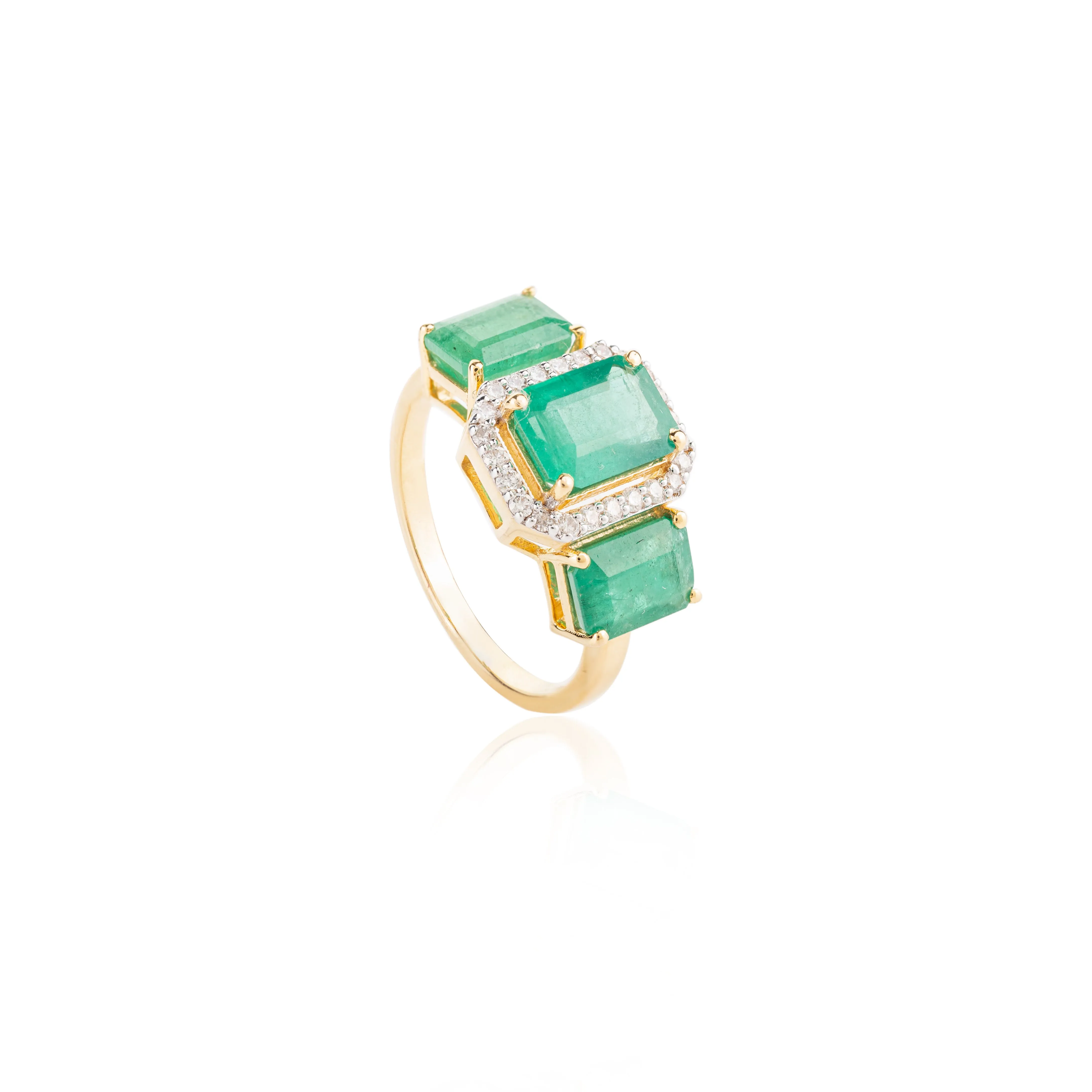 18K Gold Three Stone Emerald Diamond Ring