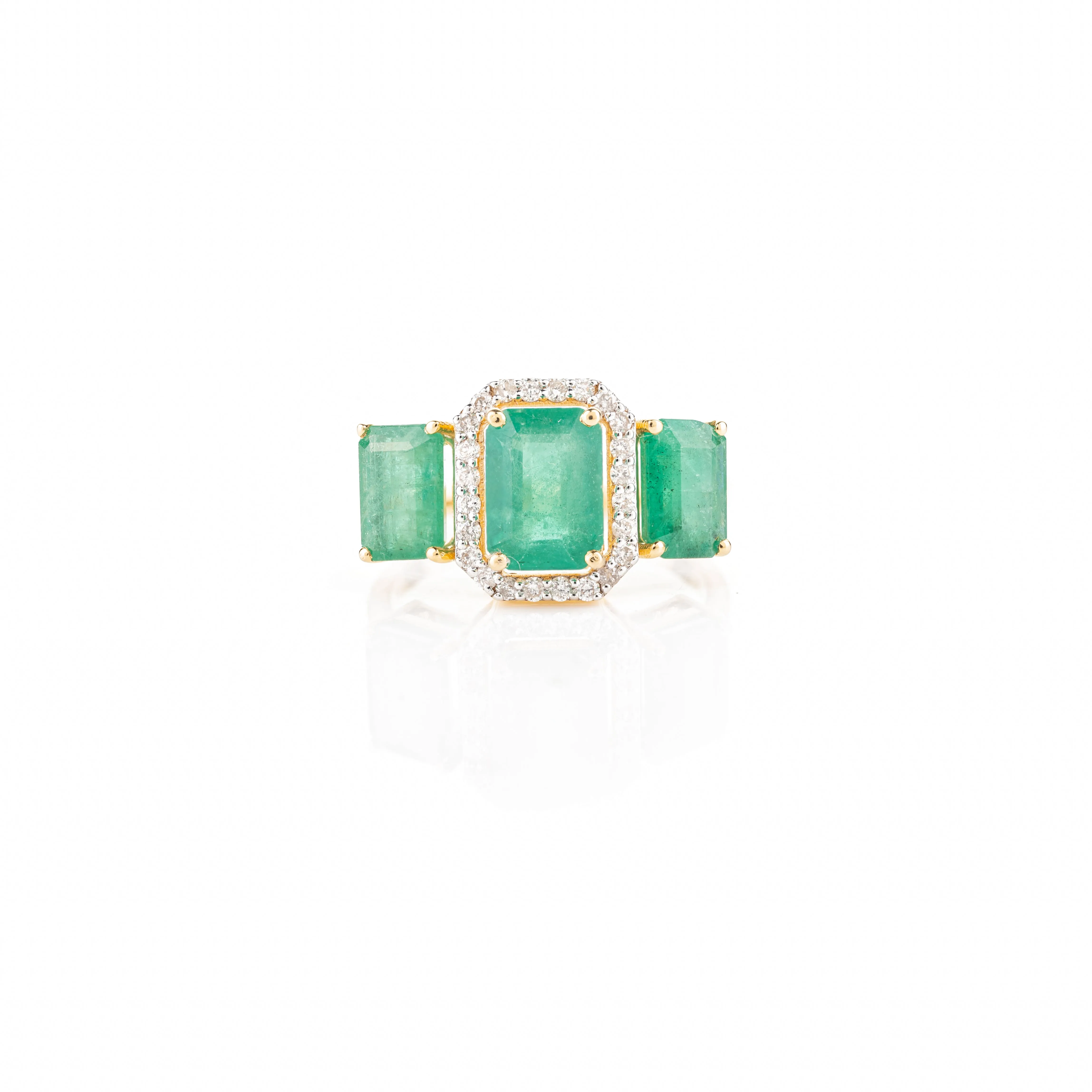 18K Gold Three Stone Emerald Diamond Ring