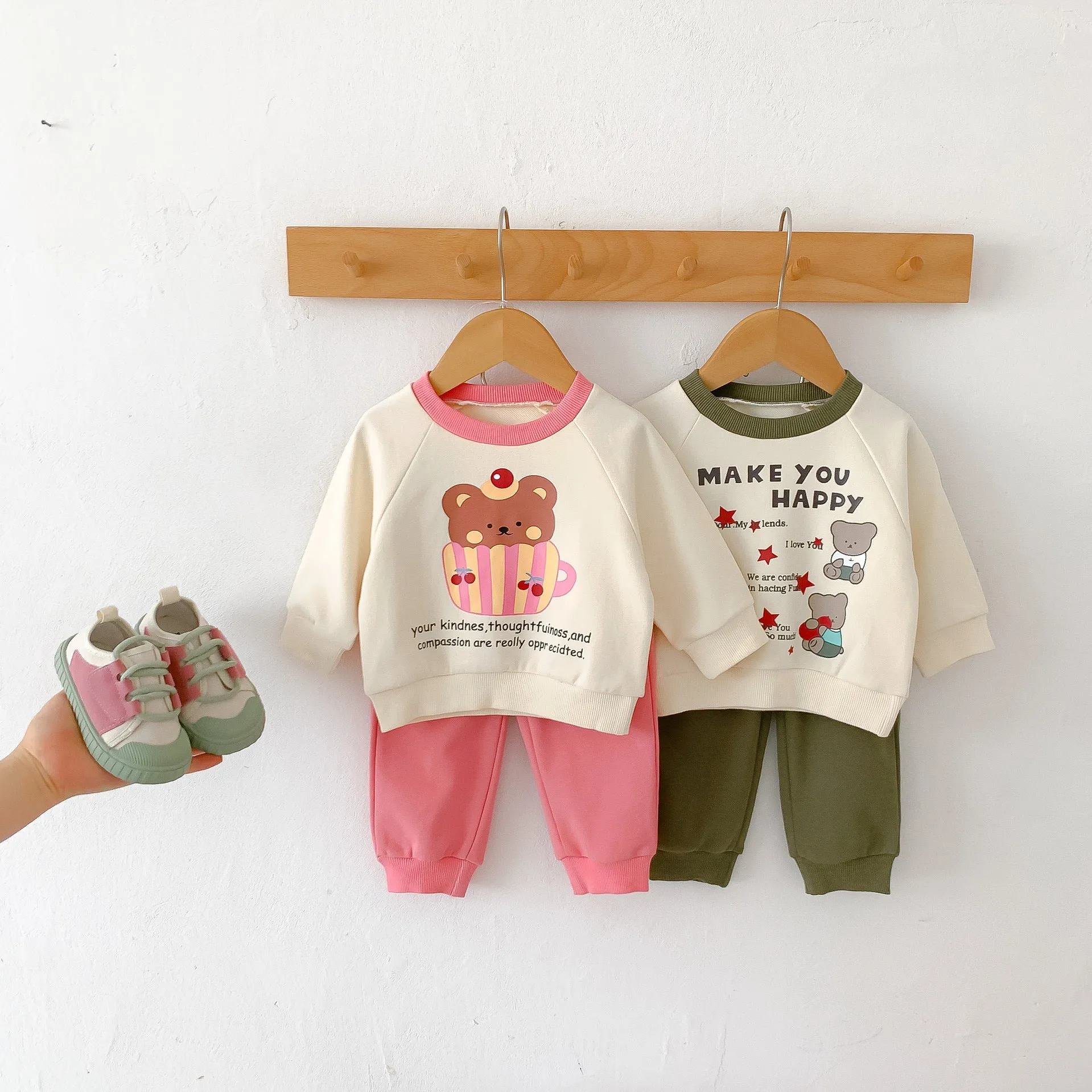 2 Pieces Set Baby Kid Girls Boys Letters Cartoon Print Tops And Solid Color Pants Wholesale 23101908