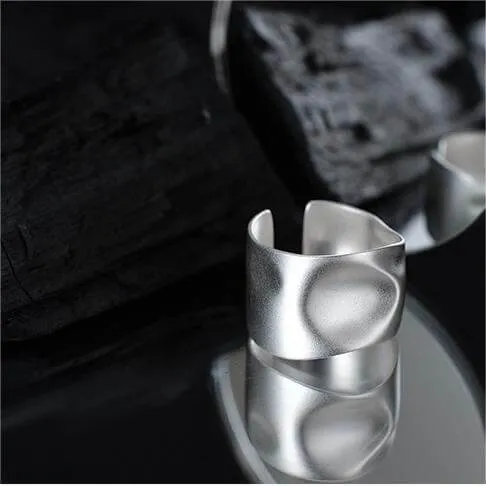 Adjustable Frosted Matte Silver Irregular Pewter Band Ring