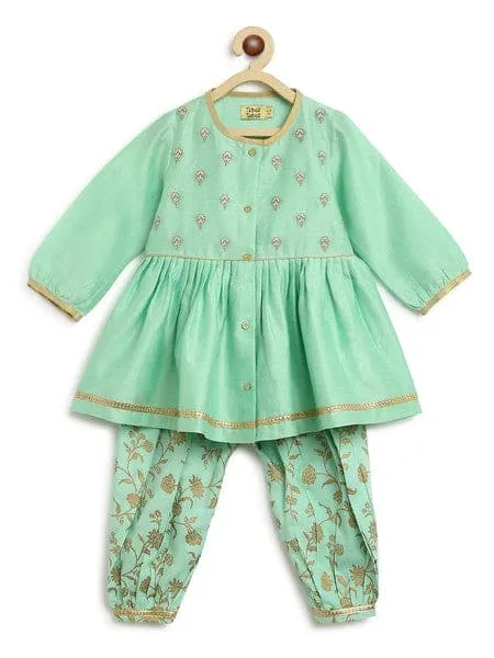 Baby Girl Chanderi Angrakha Suit Set Embroidered- Green