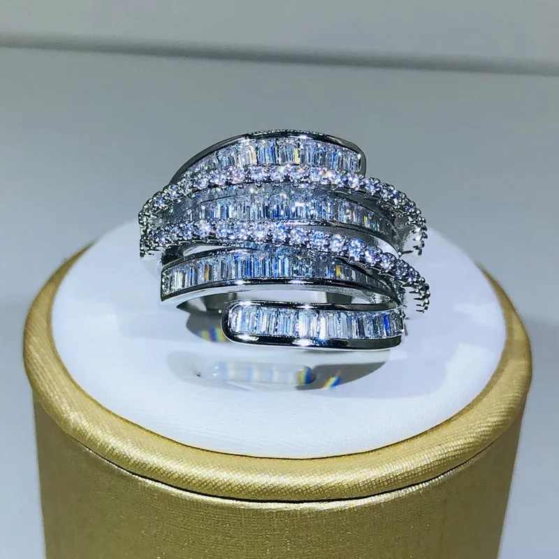 Baguette Cubic Zirconia Crossover Highway Cocktail Ring