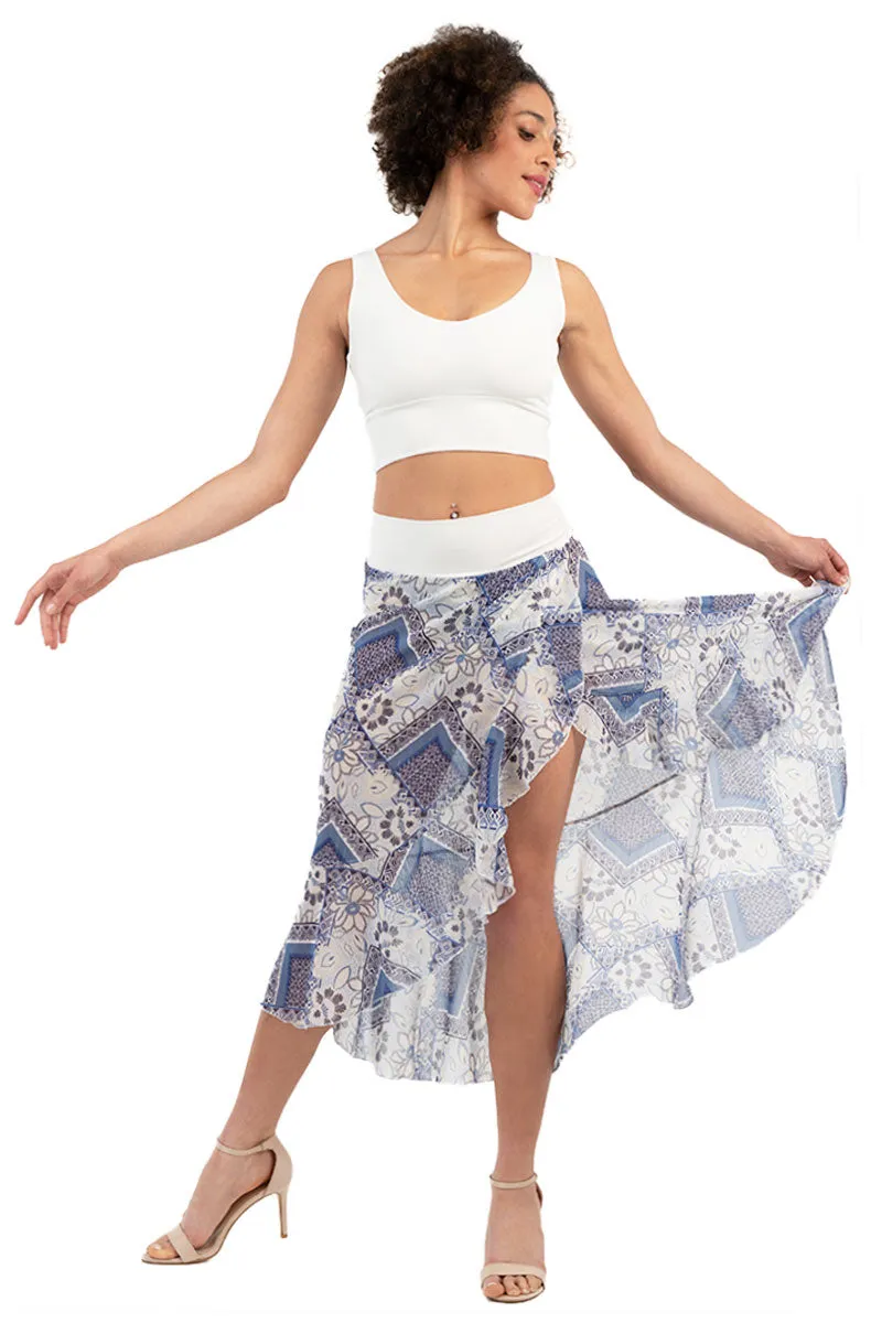 Blue Printed Asymmetric Tango Wrap Skirt With Ruffles