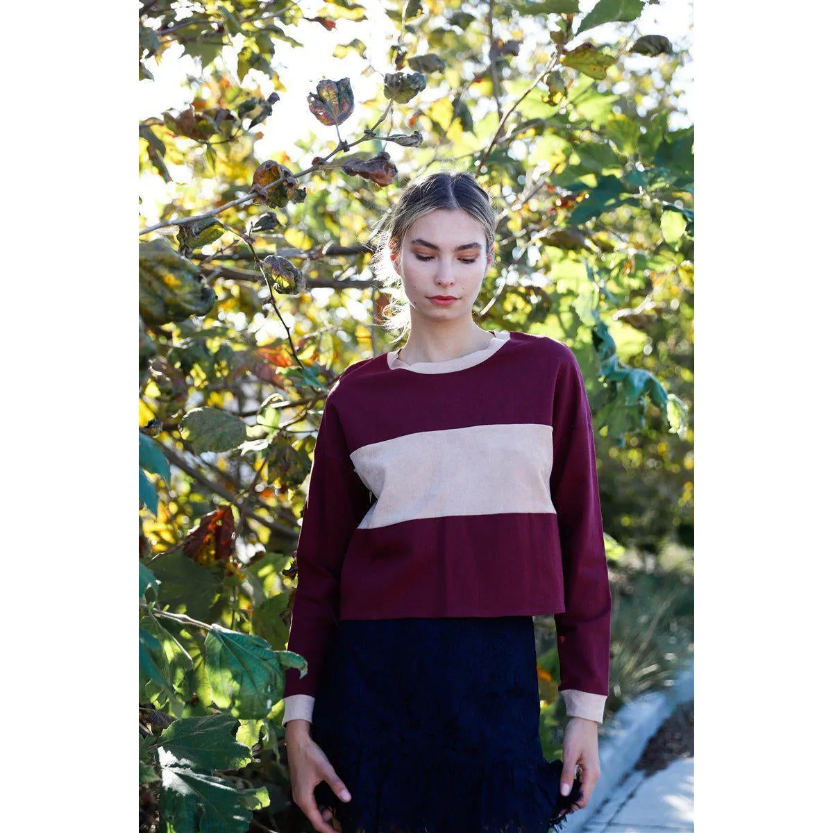 Burgundy Colorblock Long Sleeve Crop Top