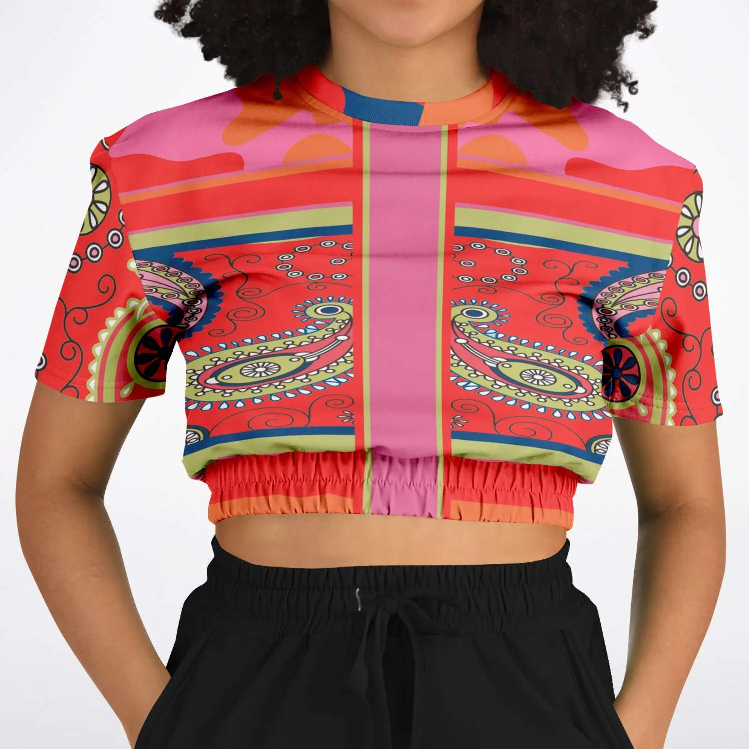 Chili Pepper Camo Paisley Short Sleeve Cropped Eco-Poly Sweater