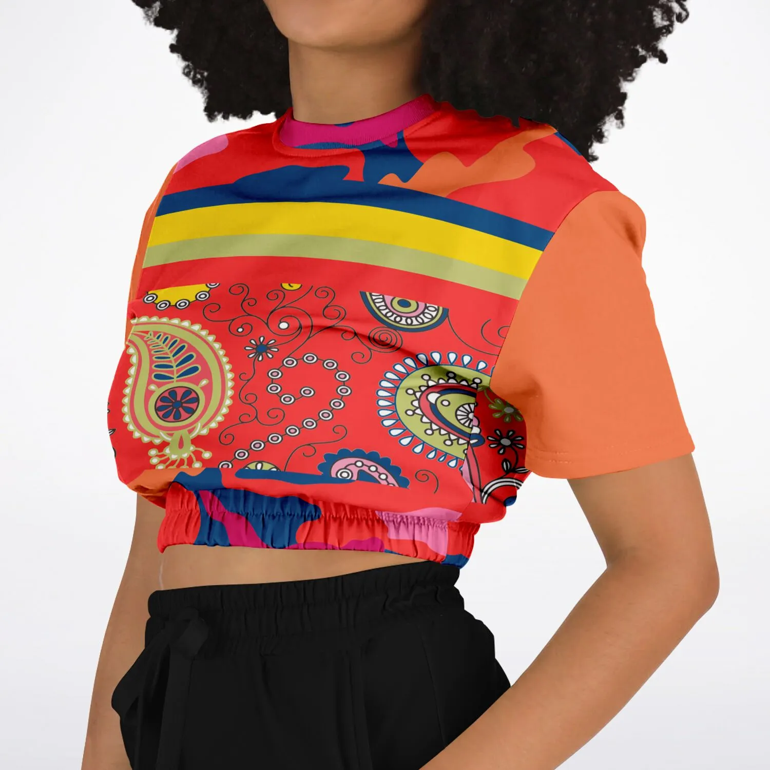 Chili Pepper Paisley Short Sleeve Cropped Eco-Poly Sweater