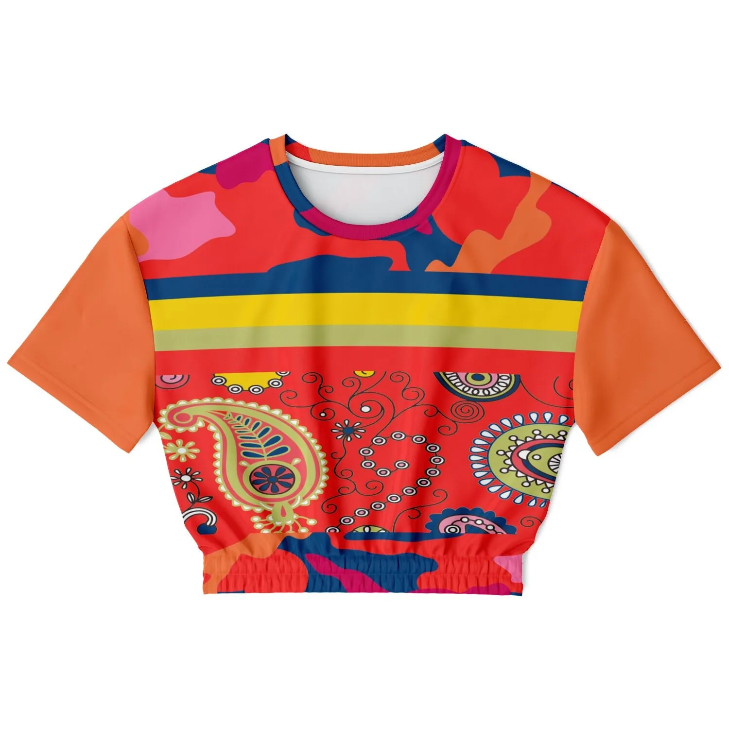 Chili Pepper Paisley Short Sleeve Cropped Eco-Poly Sweater