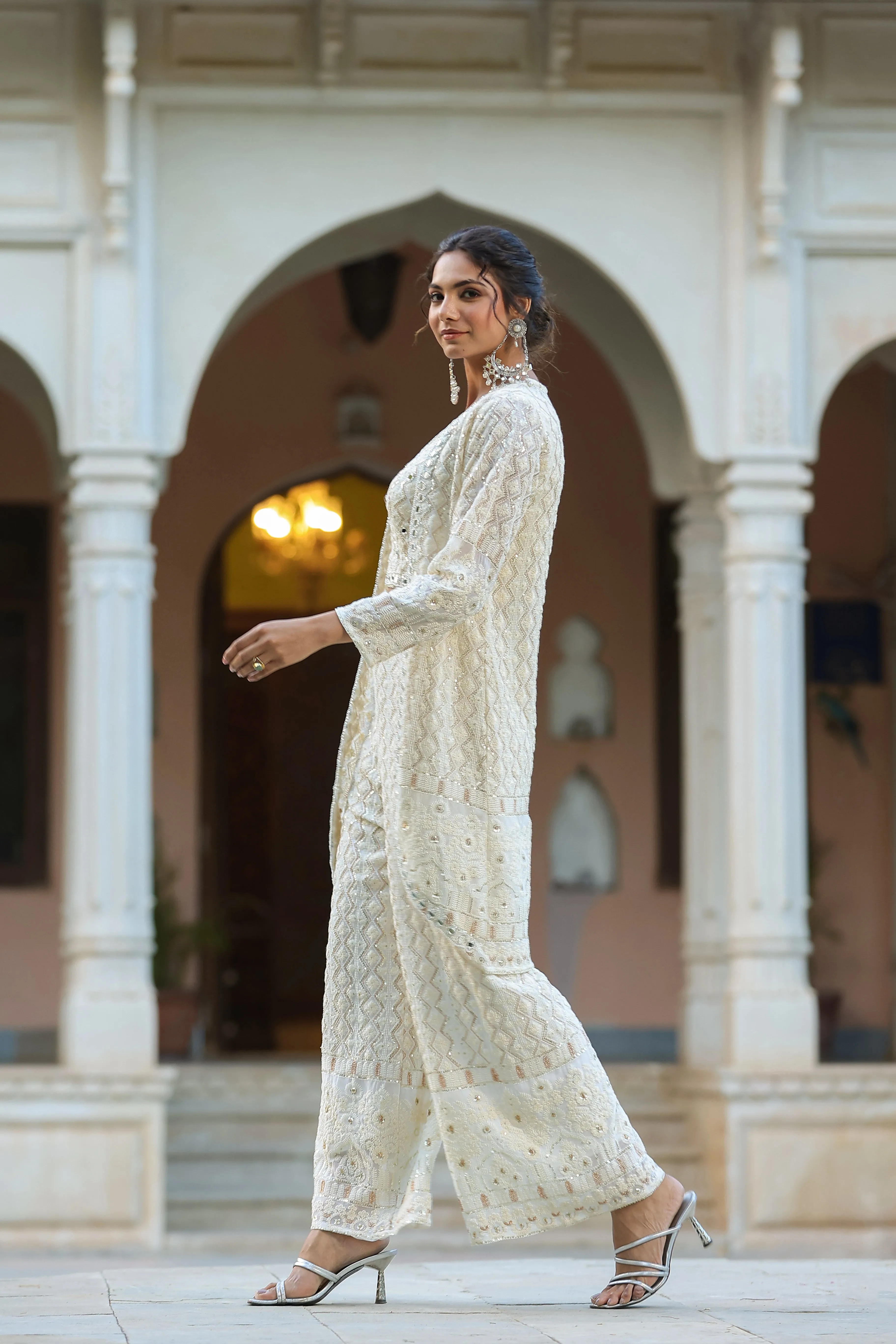 Cream Chic Chikankari Embroidered Georgette Silk Cape Set