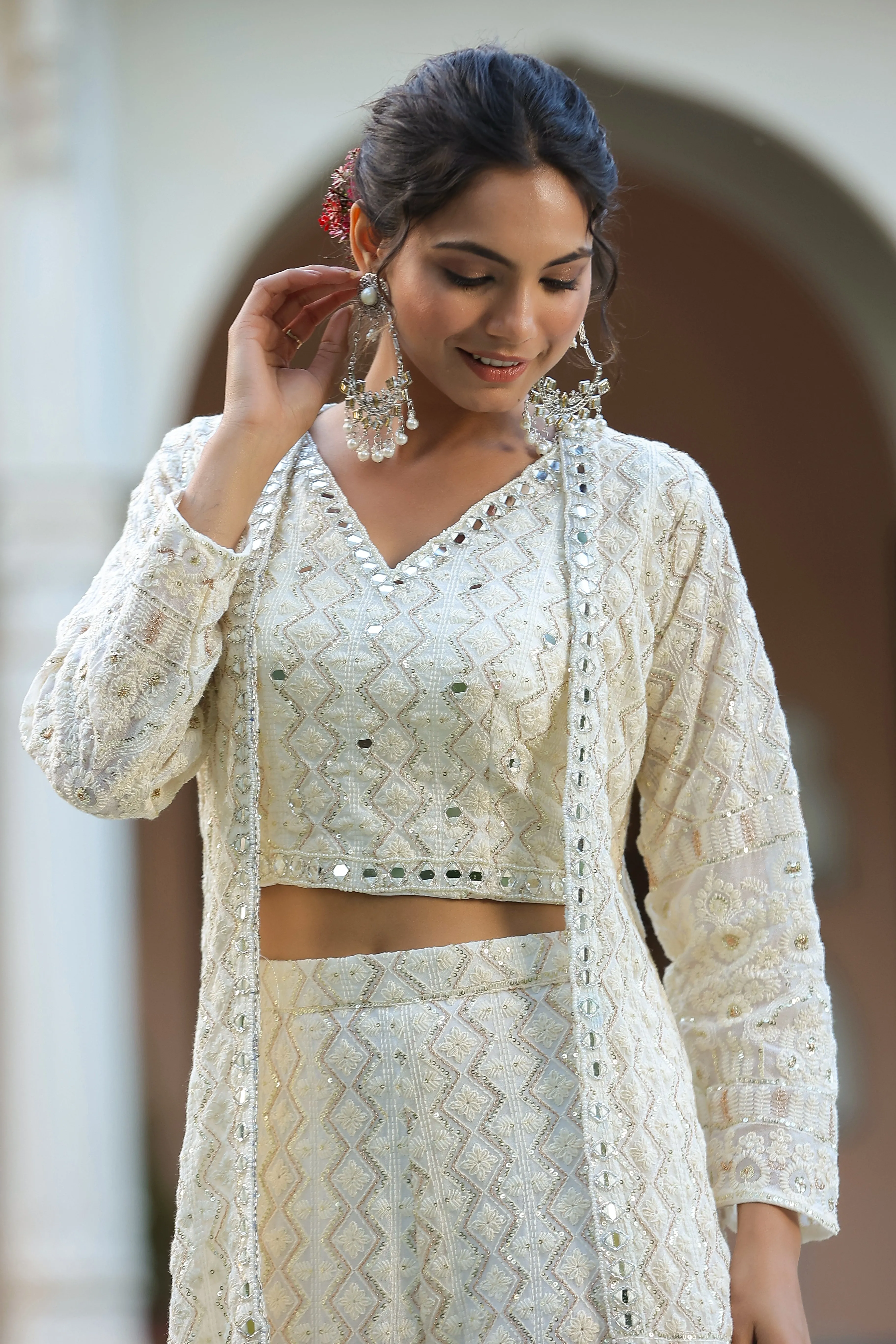 Cream Chic Chikankari Embroidered Georgette Silk Cape Set