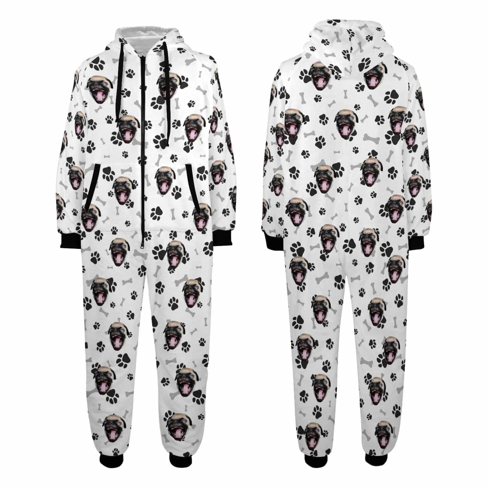 Funny Flannel Fleece Adult Onesie Pajamas Custom Pet Face Dog Bones Jumpsuit Homewear