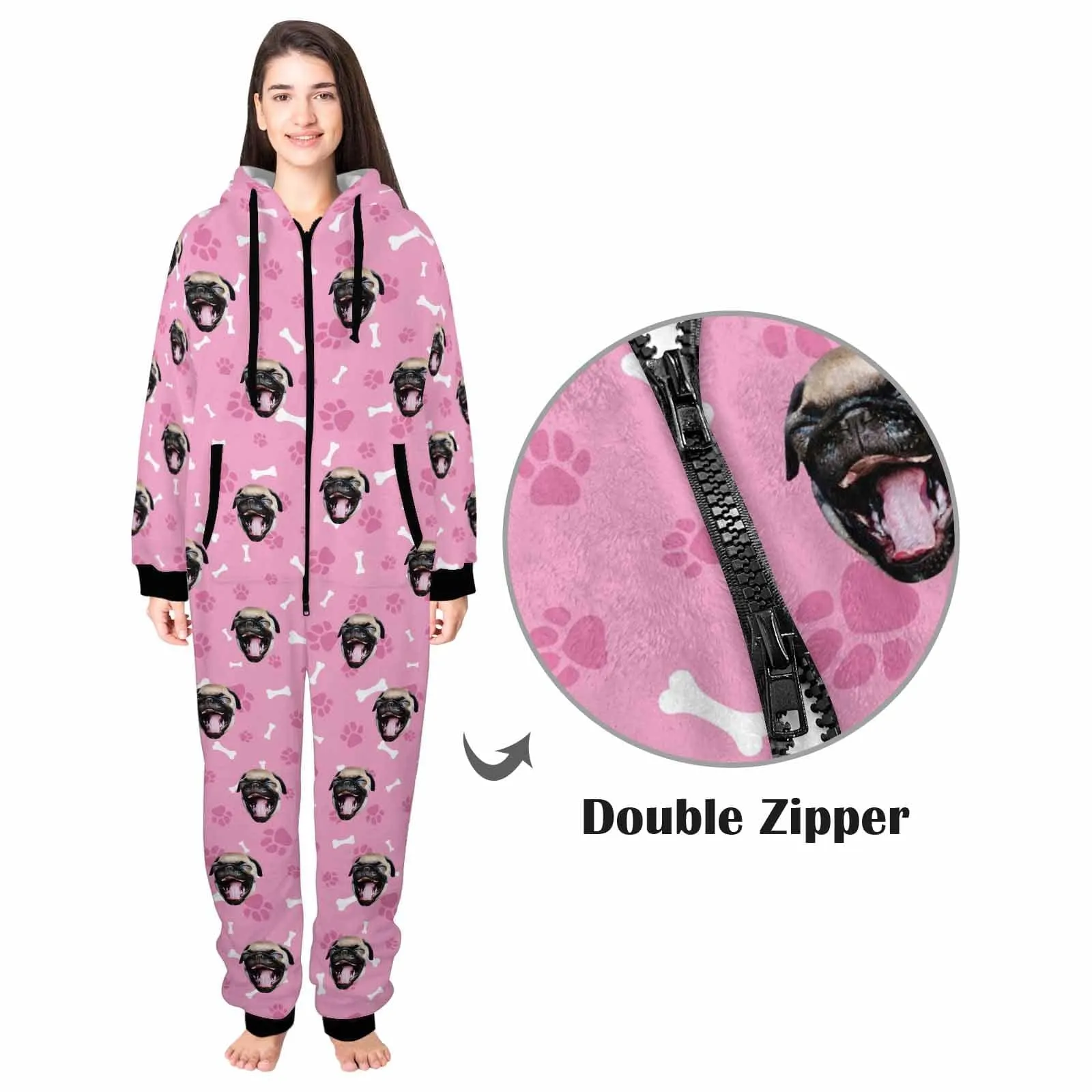 Funny Flannel Fleece Adult Onesie Pajamas Custom Pet Face Dog Bones Jumpsuit Homewear