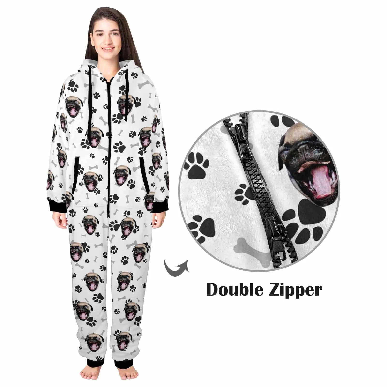 Funny Flannel Fleece Adult Onesie Pajamas Custom Pet Face Dog Bones Jumpsuit Homewear