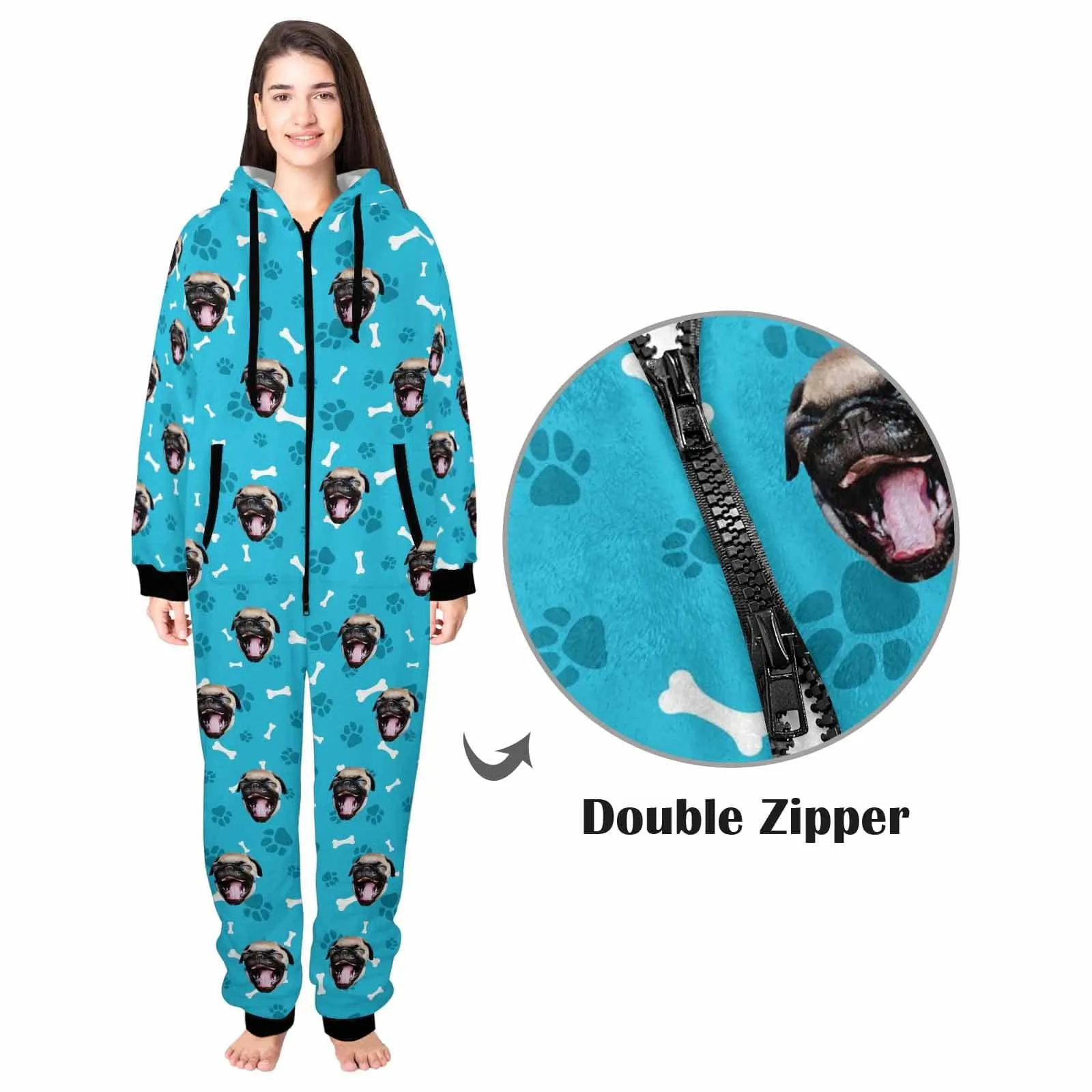 Funny Flannel Fleece Adult Onesie Pajamas Custom Pet Face Dog Bones Jumpsuit Homewear