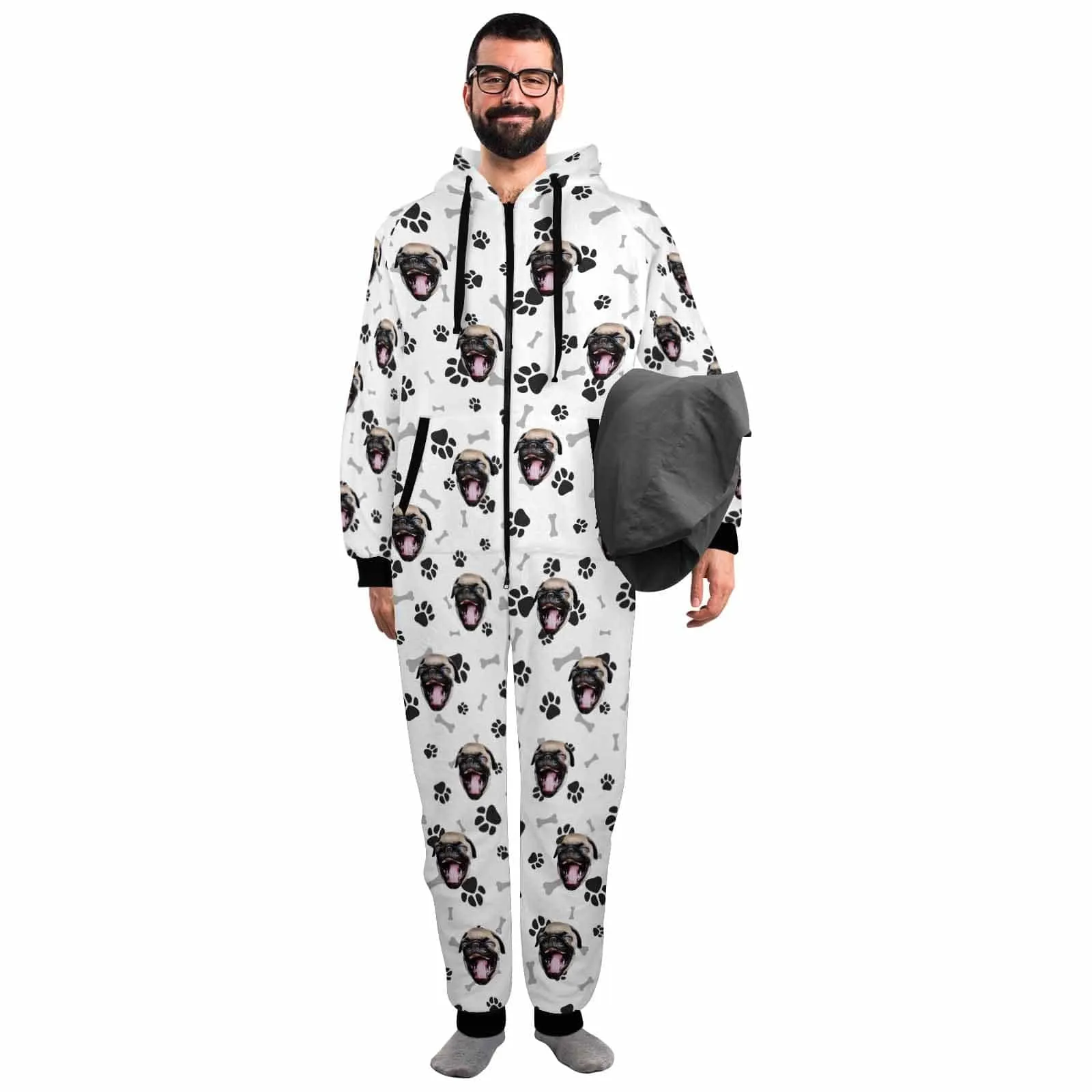 Funny Flannel Fleece Adult Onesie Pajamas Custom Pet Face Dog Bones Jumpsuit Homewear