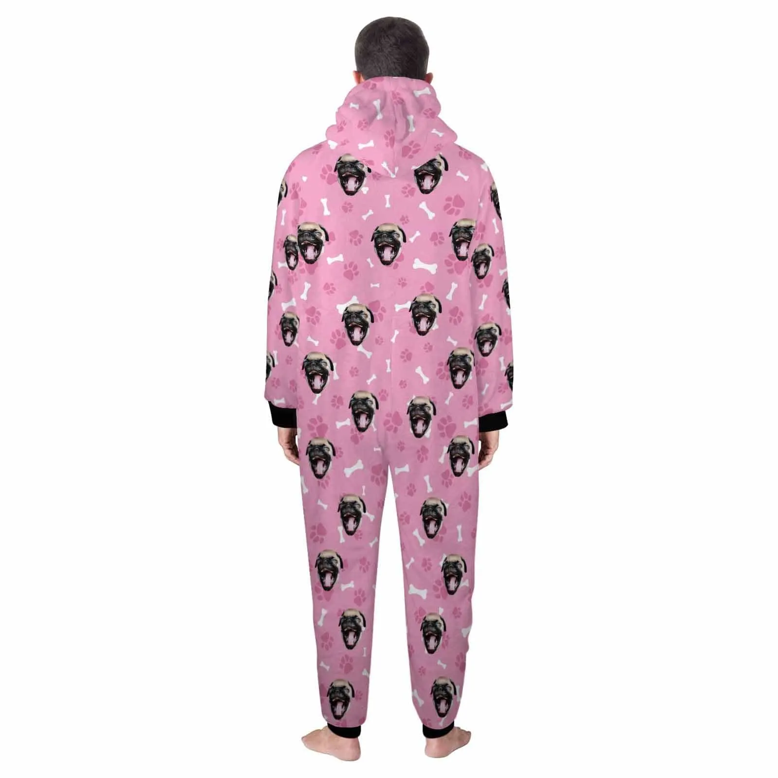 Funny Flannel Fleece Adult Onesie Pajamas Custom Pet Face Dog Bones Jumpsuit Homewear