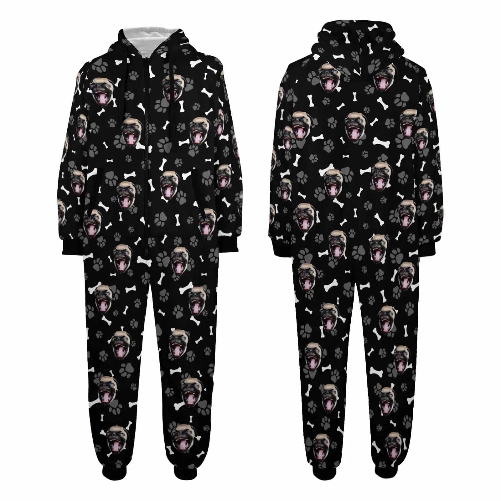 Funny Flannel Fleece Adult Onesie Pajamas Custom Pet Face Dog Bones Jumpsuit Homewear