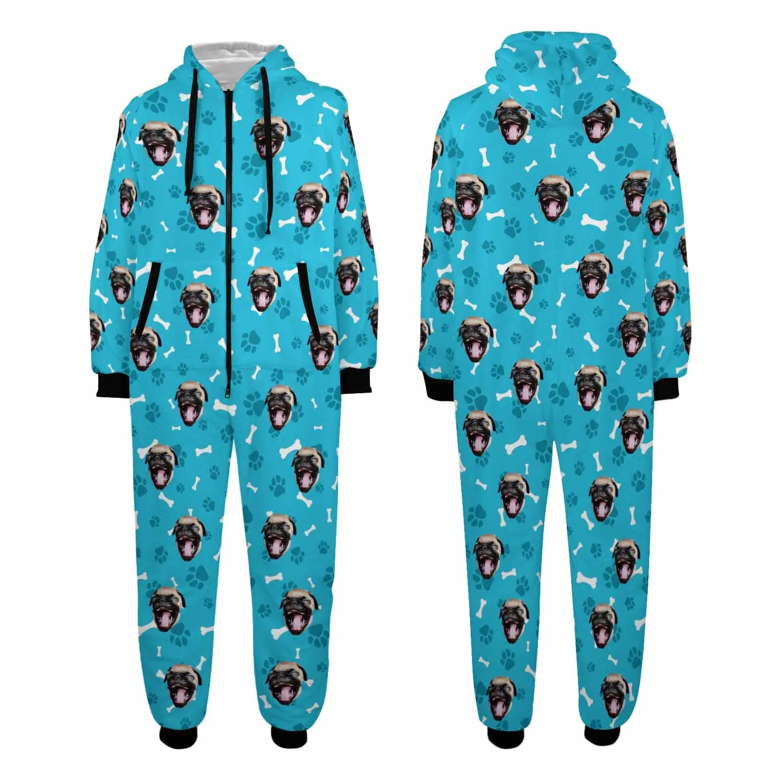 Funny Flannel Fleece Adult Onesie Pajamas Custom Pet Face Dog Bones Jumpsuit Homewear