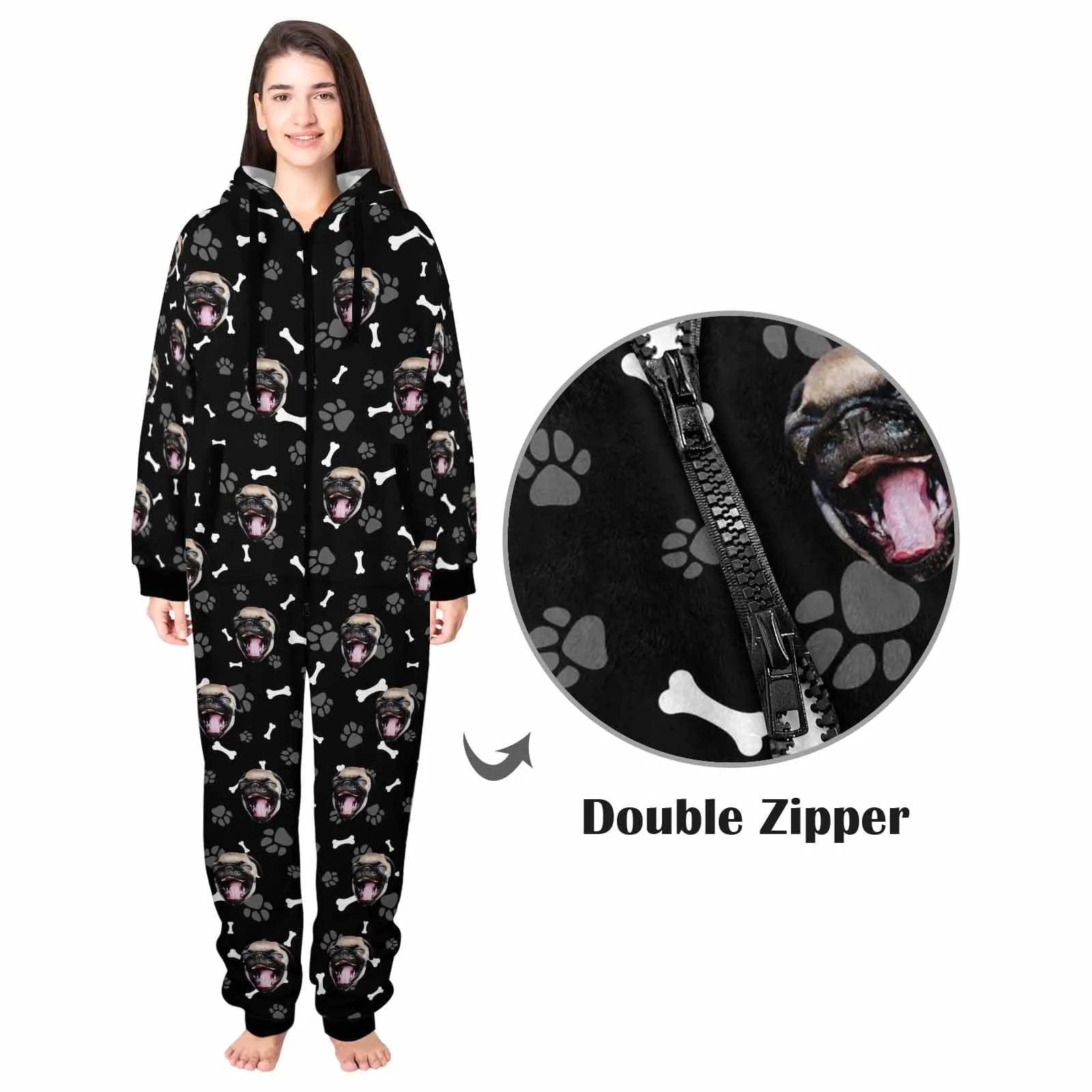 Funny Flannel Fleece Adult Onesie Pajamas Custom Pet Face Dog Bones Jumpsuit Homewear