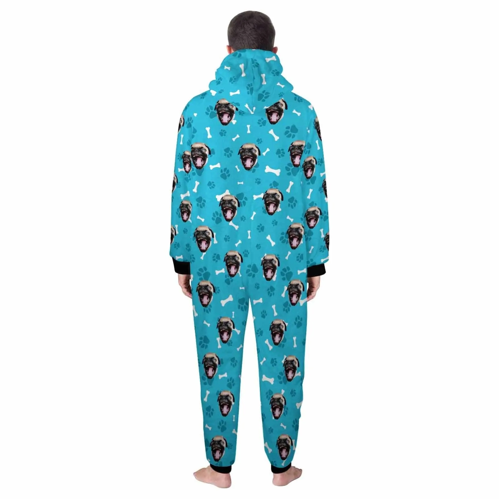 Funny Flannel Fleece Adult Onesie Pajamas Custom Pet Face Dog Bones Jumpsuit Homewear