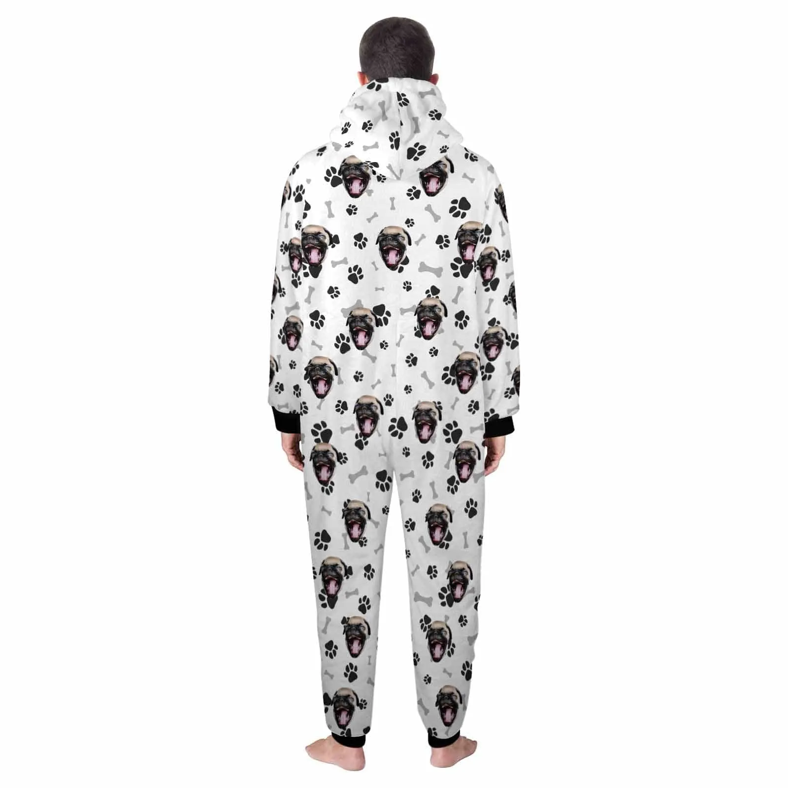 Funny Flannel Fleece Adult Onesie Pajamas Custom Pet Face Dog Bones Jumpsuit Homewear