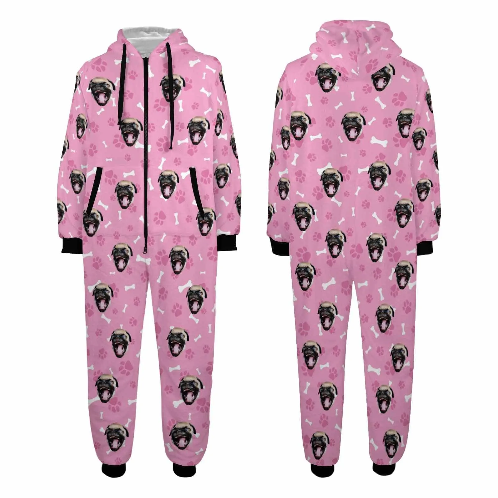 Funny Flannel Fleece Adult Onesie Pajamas Custom Pet Face Dog Bones Jumpsuit Homewear