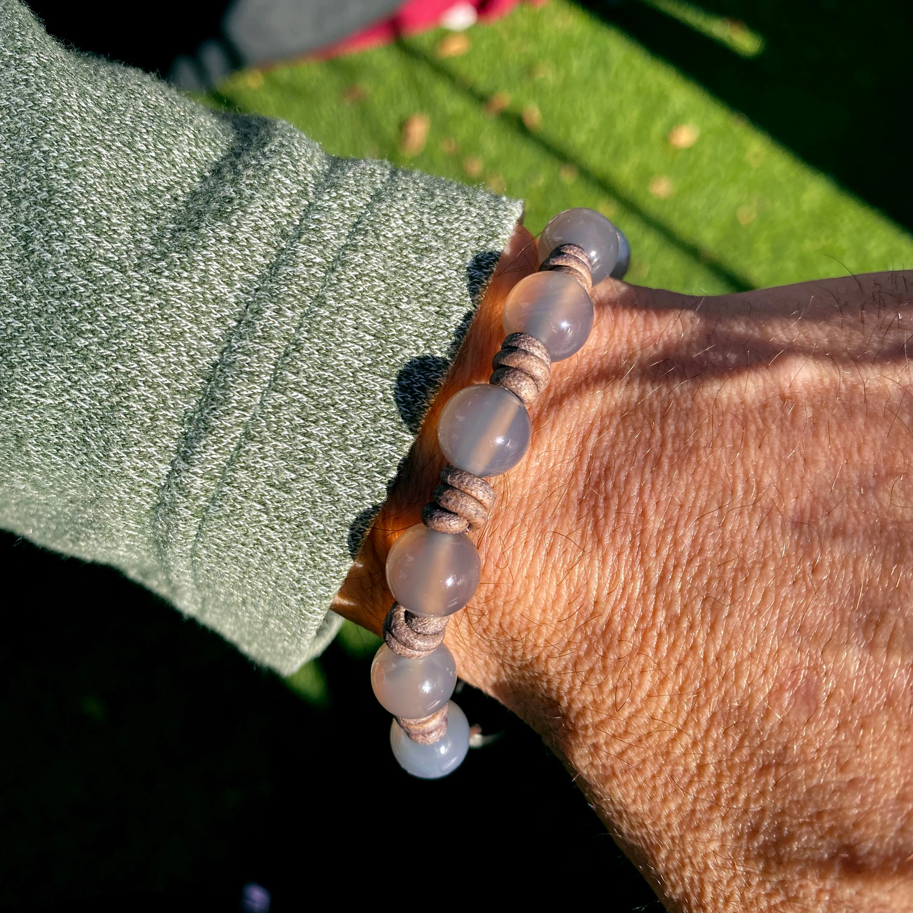 Grey Agate gemstone Yin Yang leather Bracelet