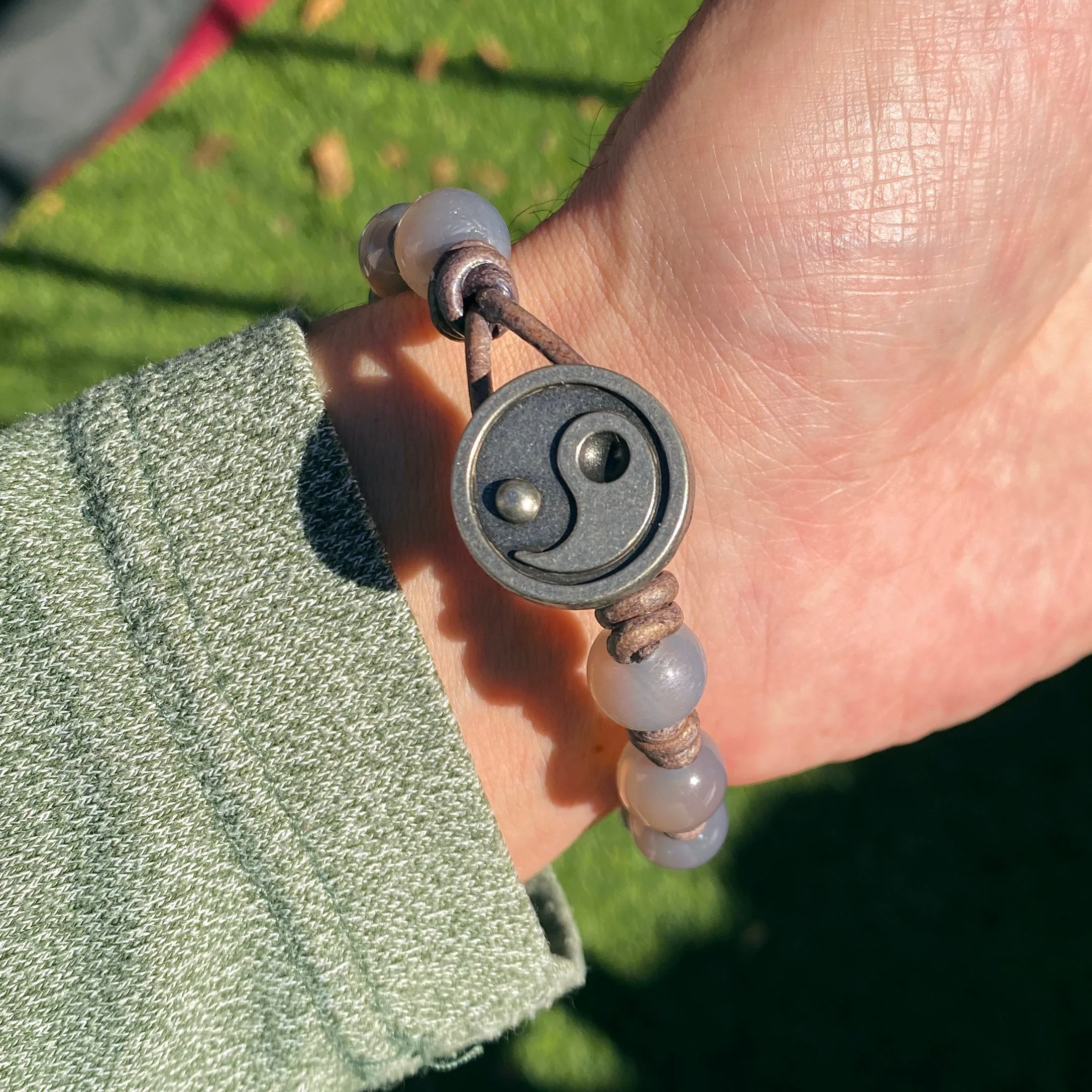 Grey Agate gemstone Yin Yang leather Bracelet