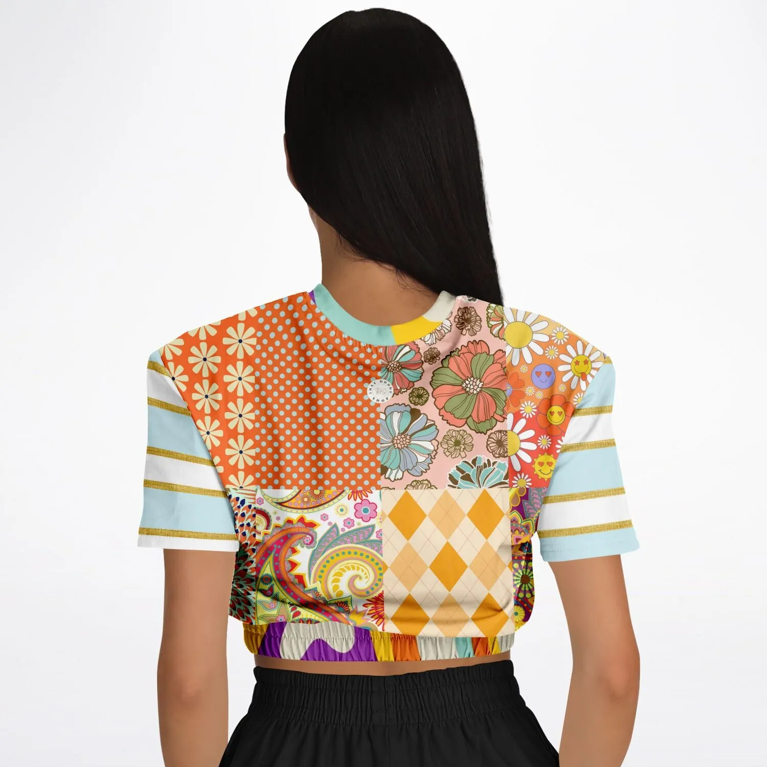 Happy Valley Retro Floral Patchwork Short Sleeve Cropped Eco-Poly Sweater