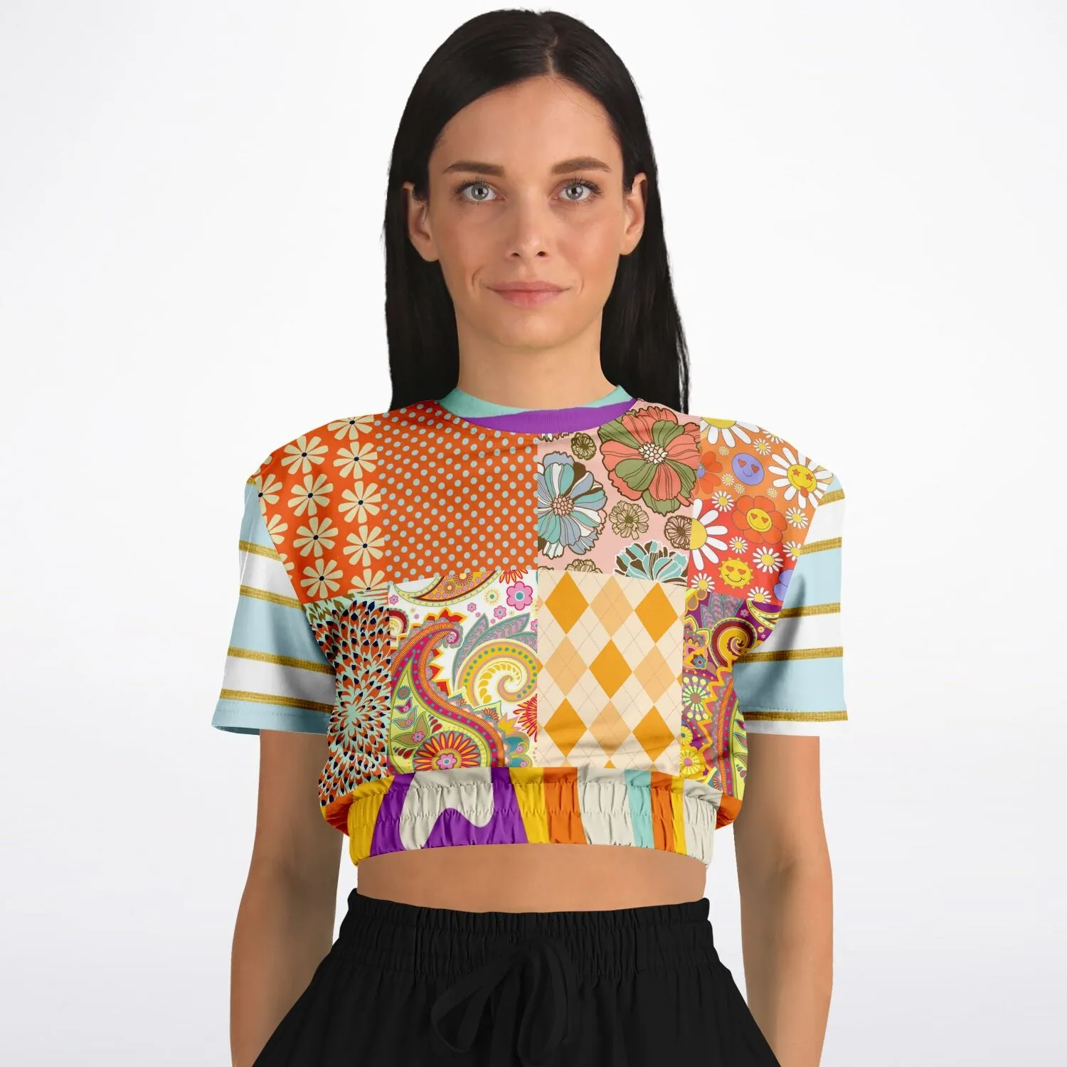 Happy Valley Retro Floral Patchwork Short Sleeve Cropped Eco-Poly Sweater