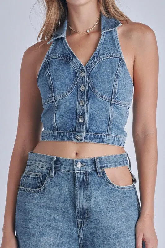 Hidden Denim Halter Crop Top