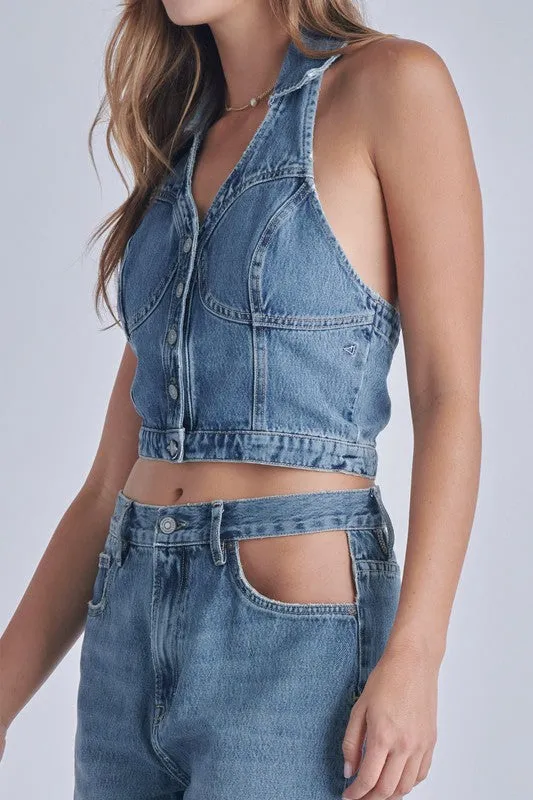 Hidden Denim Halter Crop Top