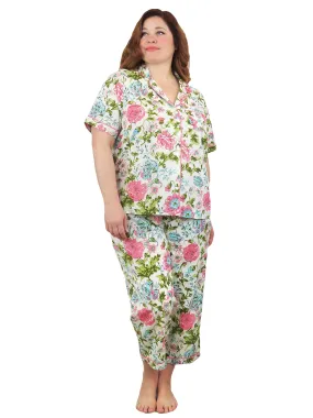 La Cera Plus Size Short Sleeve English Garden Print Cotton Pajama Set