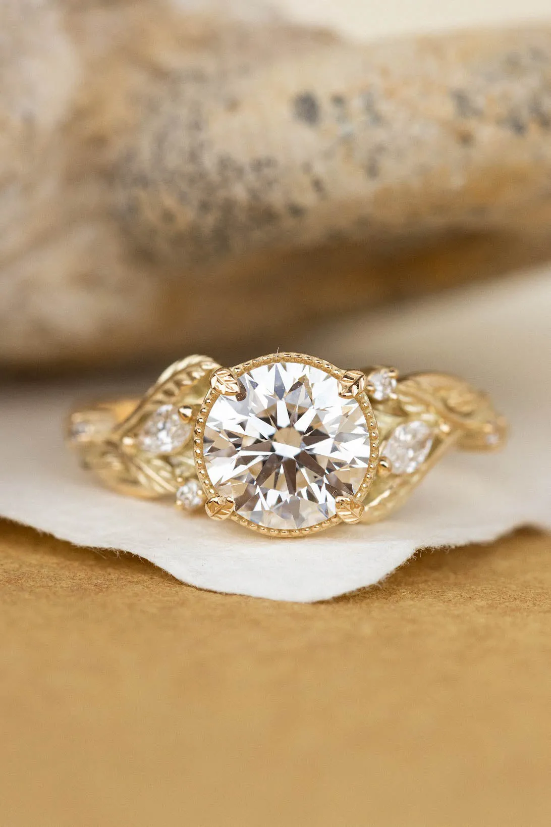 Lab grown diamond engagement ring, gold nature inspired ring with leaves and diamonds / Patricia