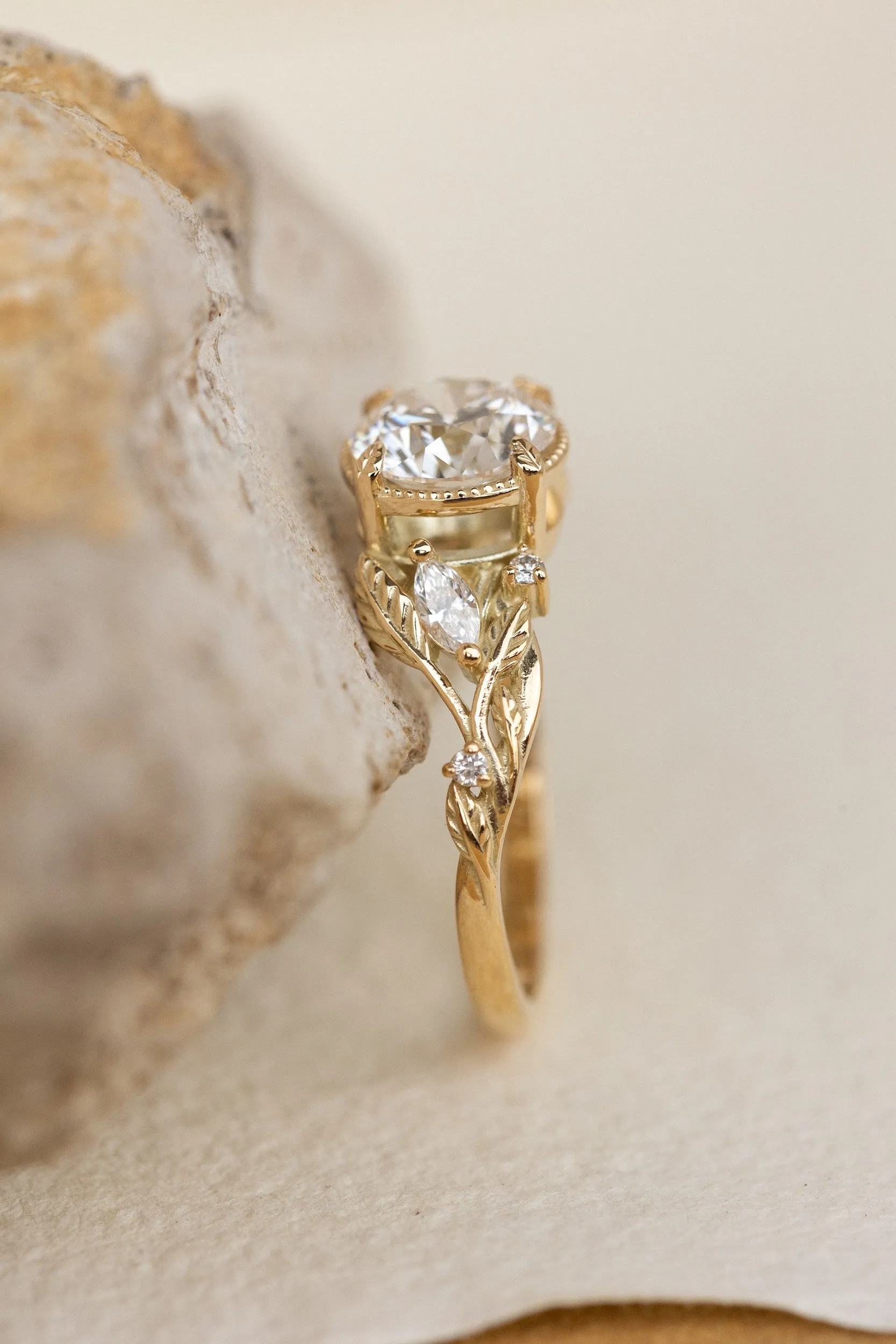 Lab grown diamond engagement ring, gold nature inspired ring with leaves and diamonds / Patricia