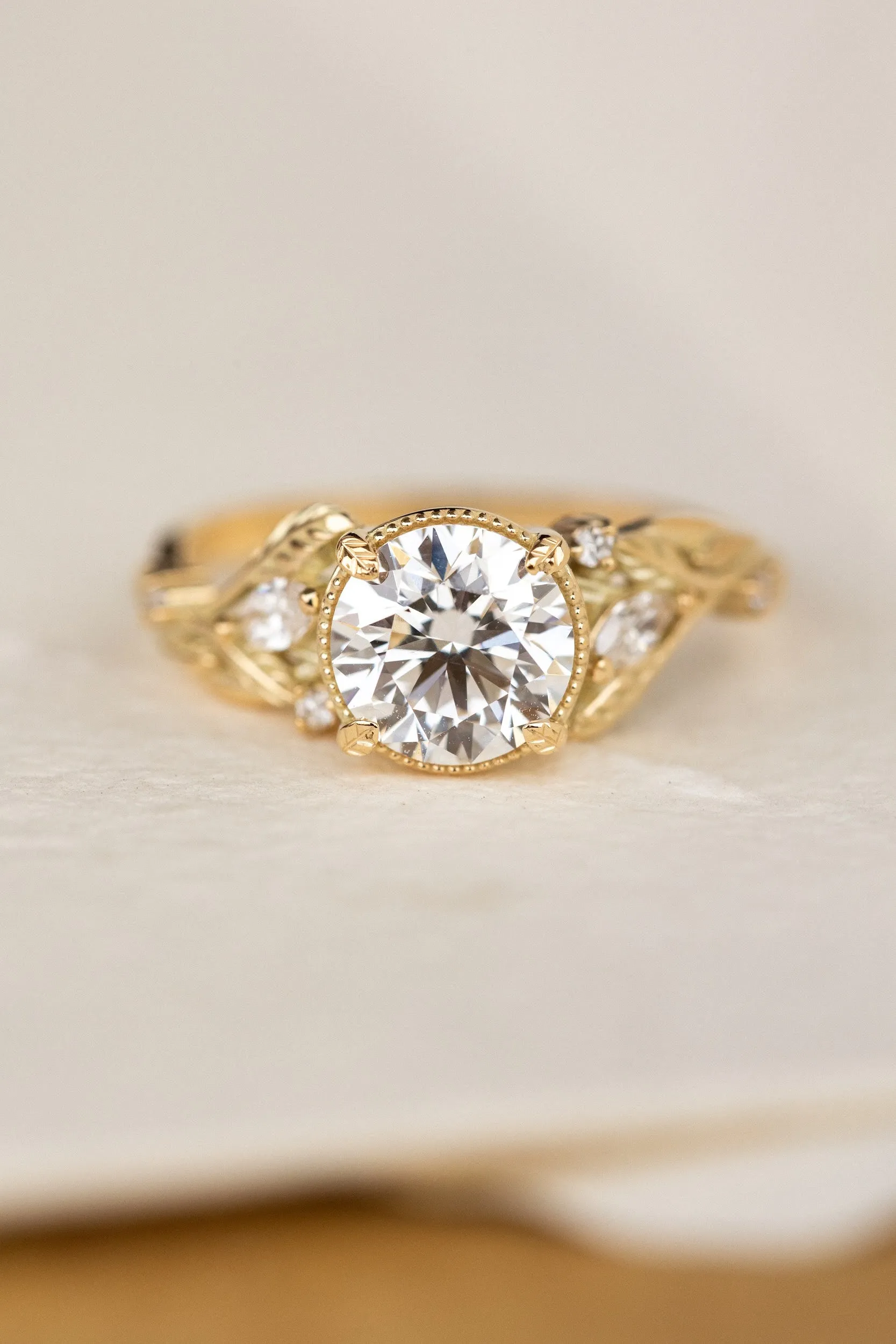 Lab grown diamond engagement ring, gold nature inspired ring with leaves and diamonds / Patricia