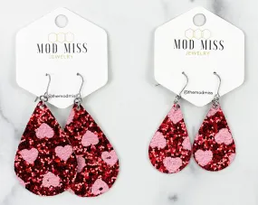 Leather Canvas Teardrop Earring Glitter Pink Hearts on Red Glitter