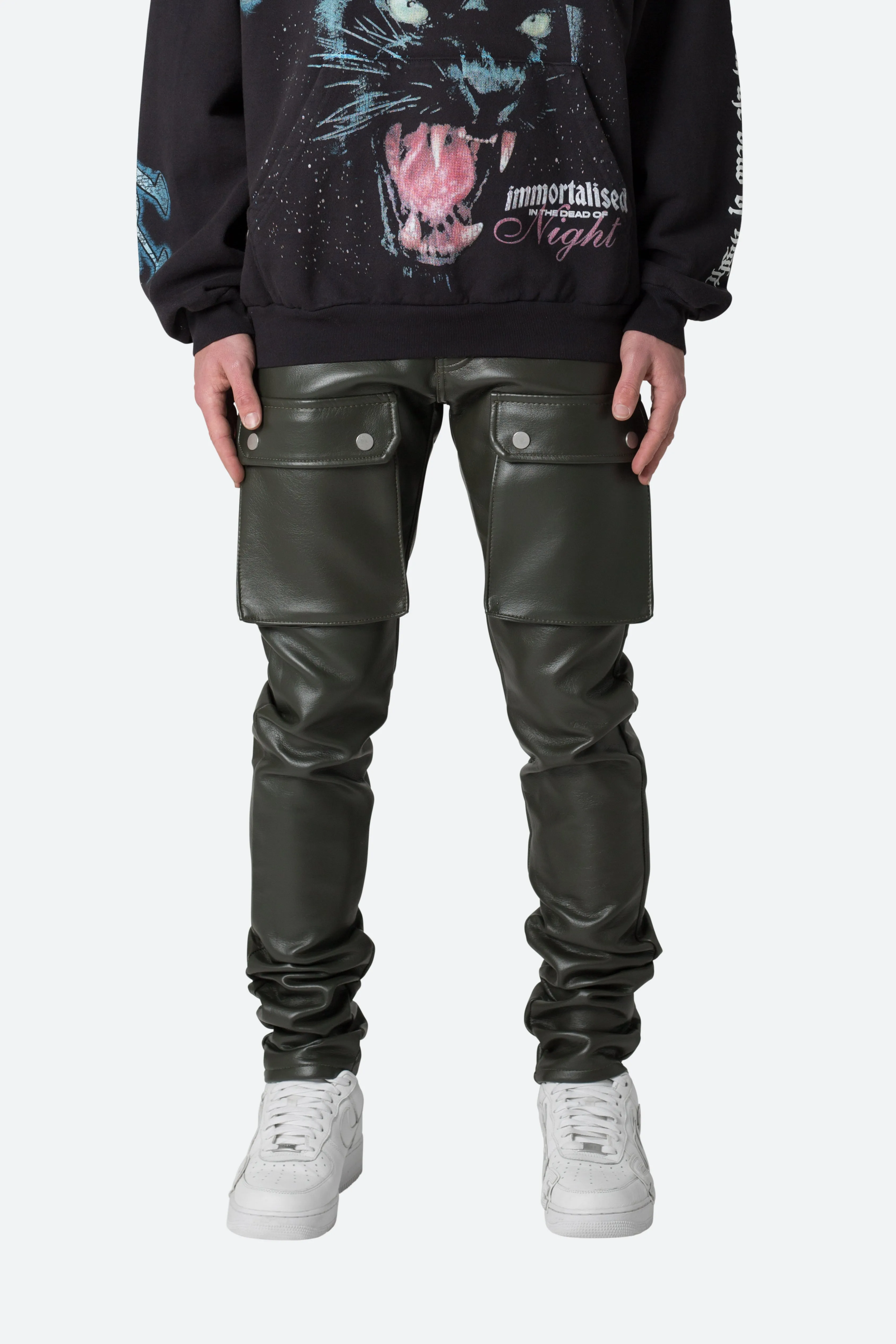 Leather Snap Cargo Pants - Olive