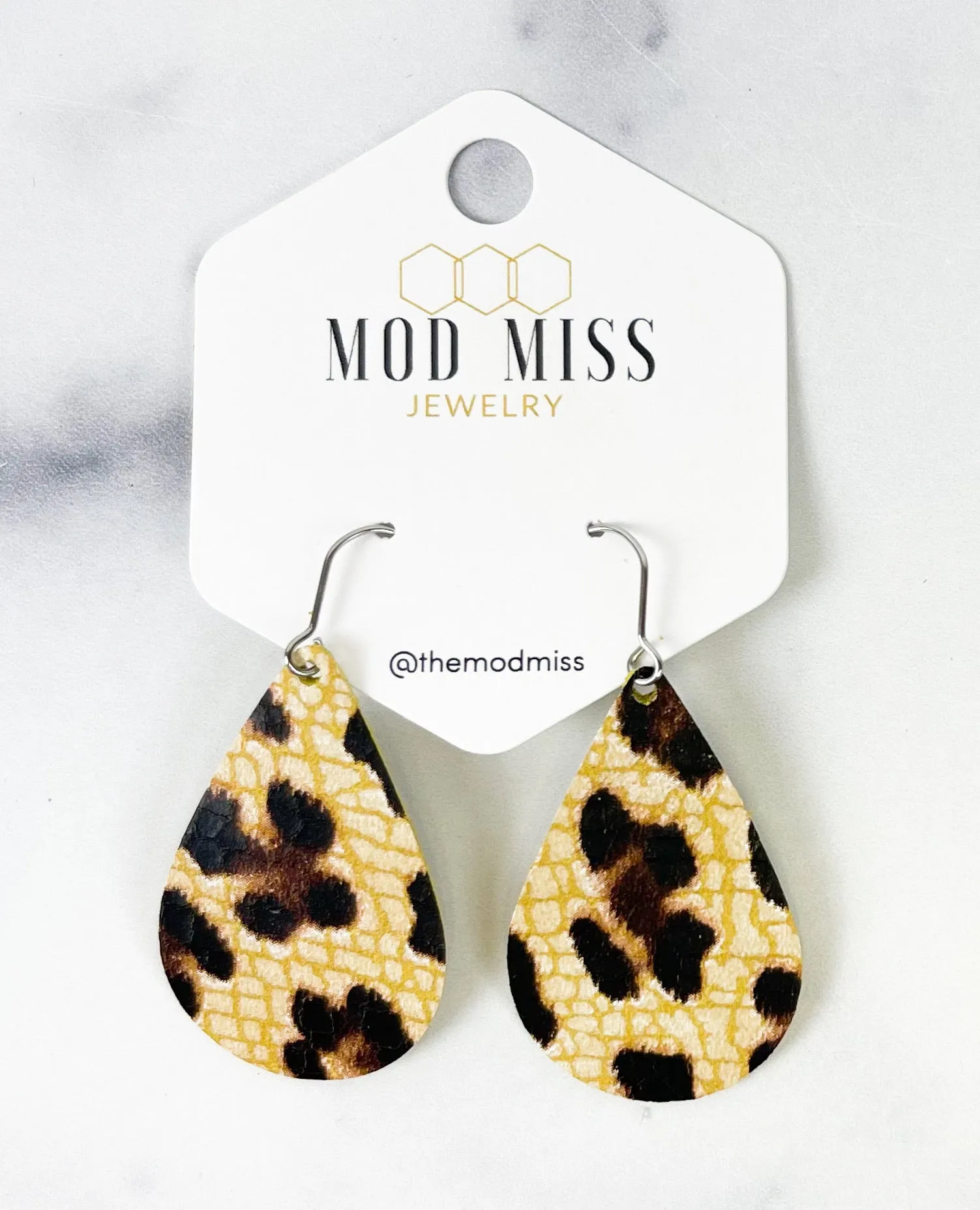 Leather Teardrop Earring Leopard Crackle