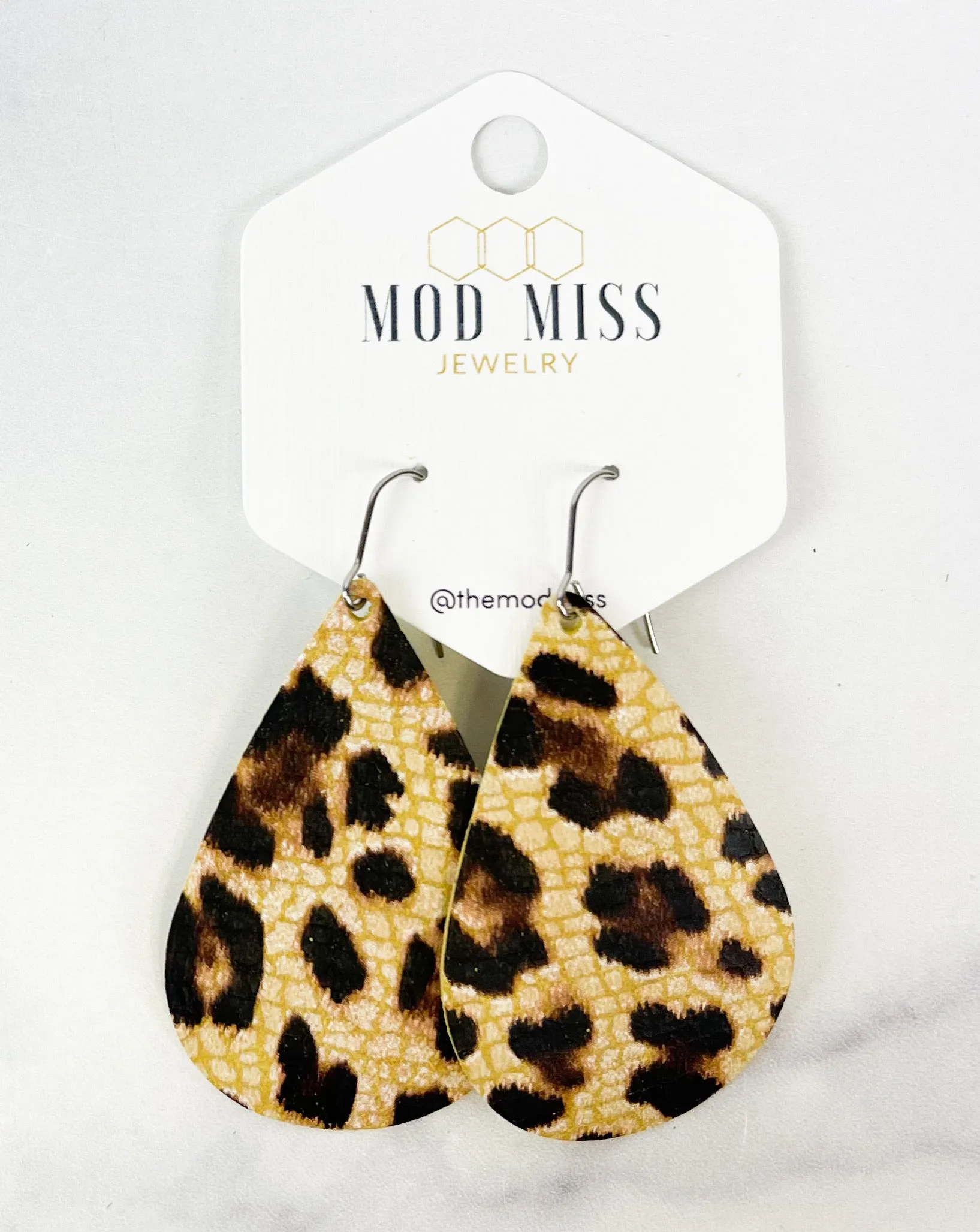 Leather Teardrop Earring Leopard Crackle