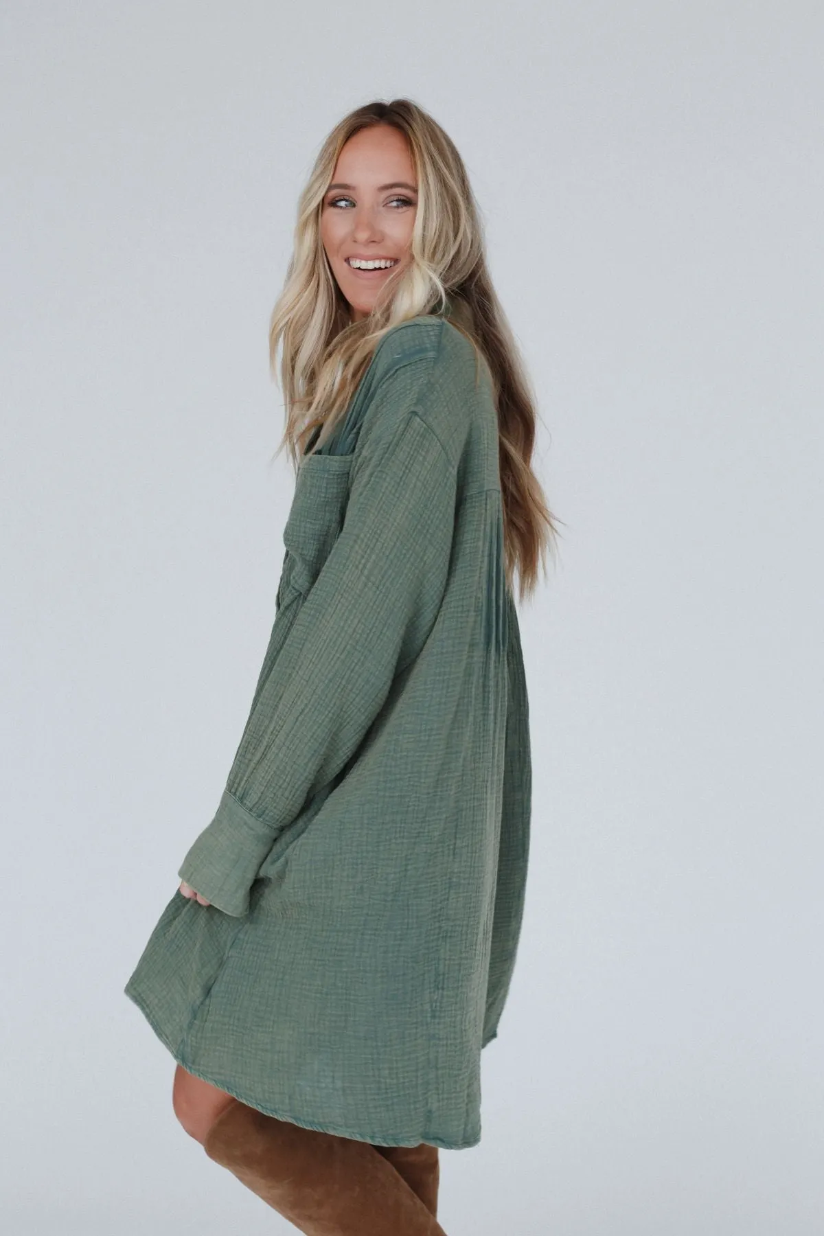 Marci Button Down Tunic Dress - Olive