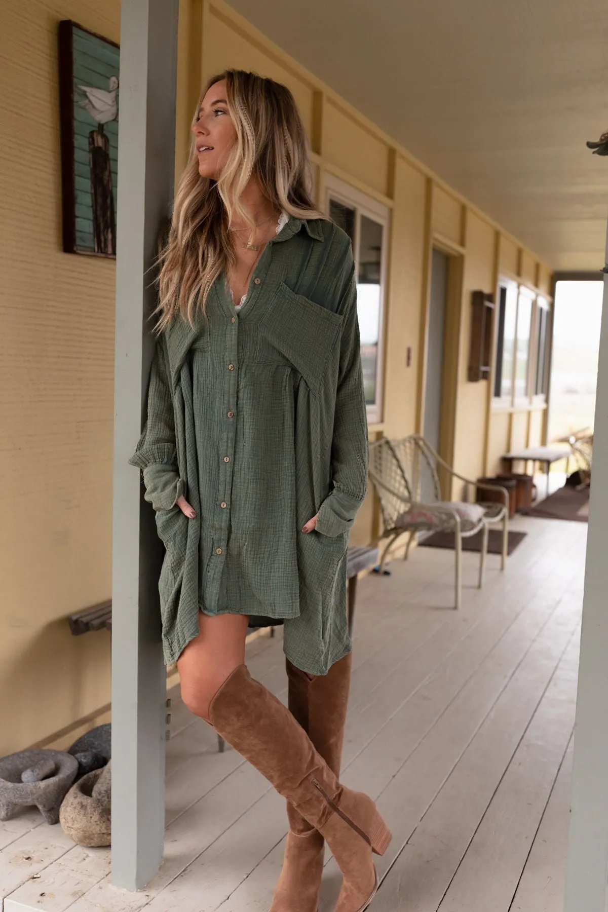 Marci Button Down Tunic Dress - Olive