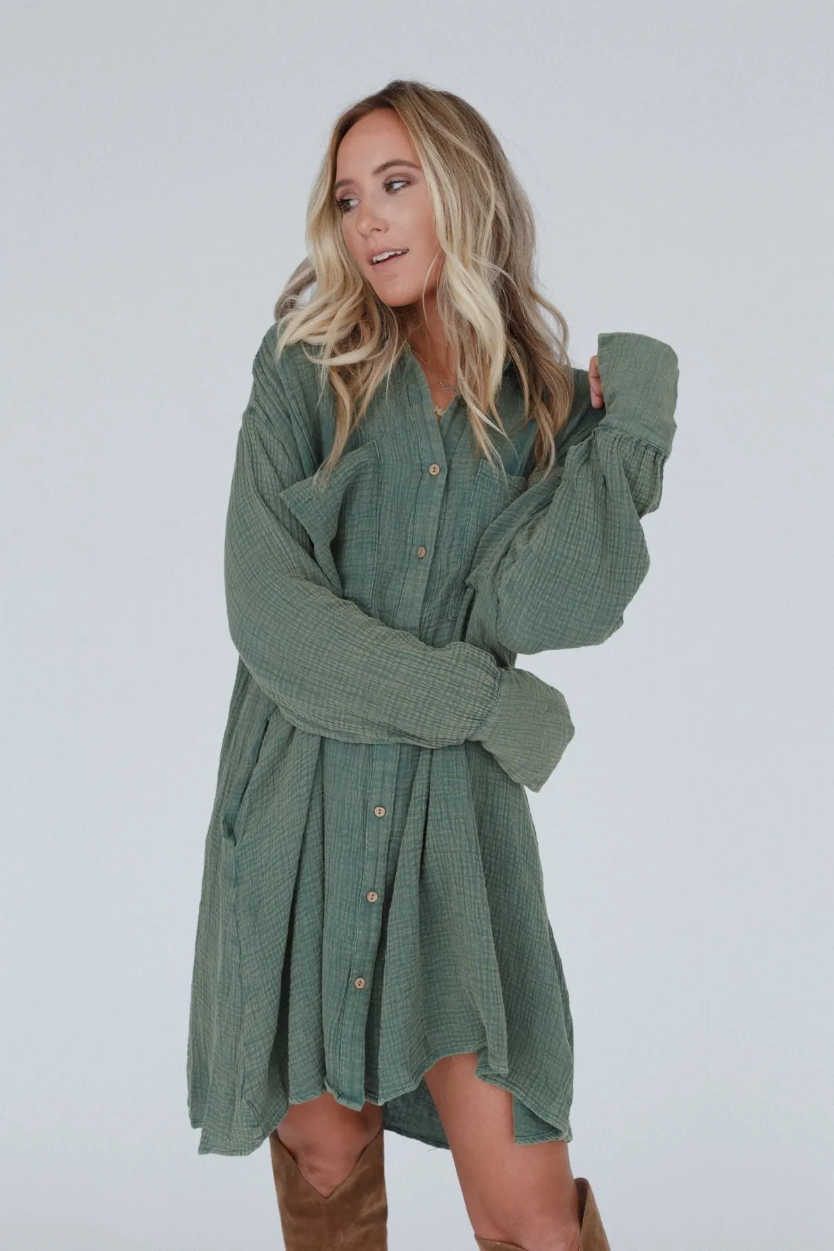 Marci Button Down Tunic Dress - Olive