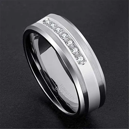 Men's Silver 6mm Tungsten Carbide Ring Cubic Zirconia Wedding Jewelry Engagement Promise Band for Him Matte Finish Comfort Fit