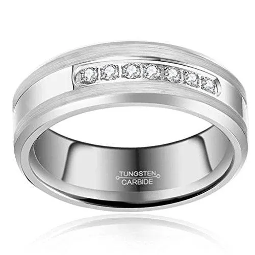 Men's Silver 6mm Tungsten Carbide Ring Cubic Zirconia Wedding Jewelry Engagement Promise Band for Him Matte Finish Comfort Fit