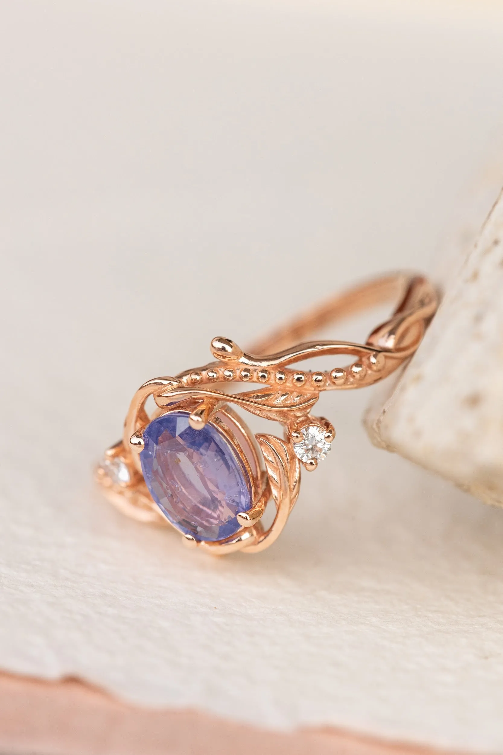 Mermaid violet natural sapphire engagement ring, rose gold engagement ring with sapphire and diamonds / Undina