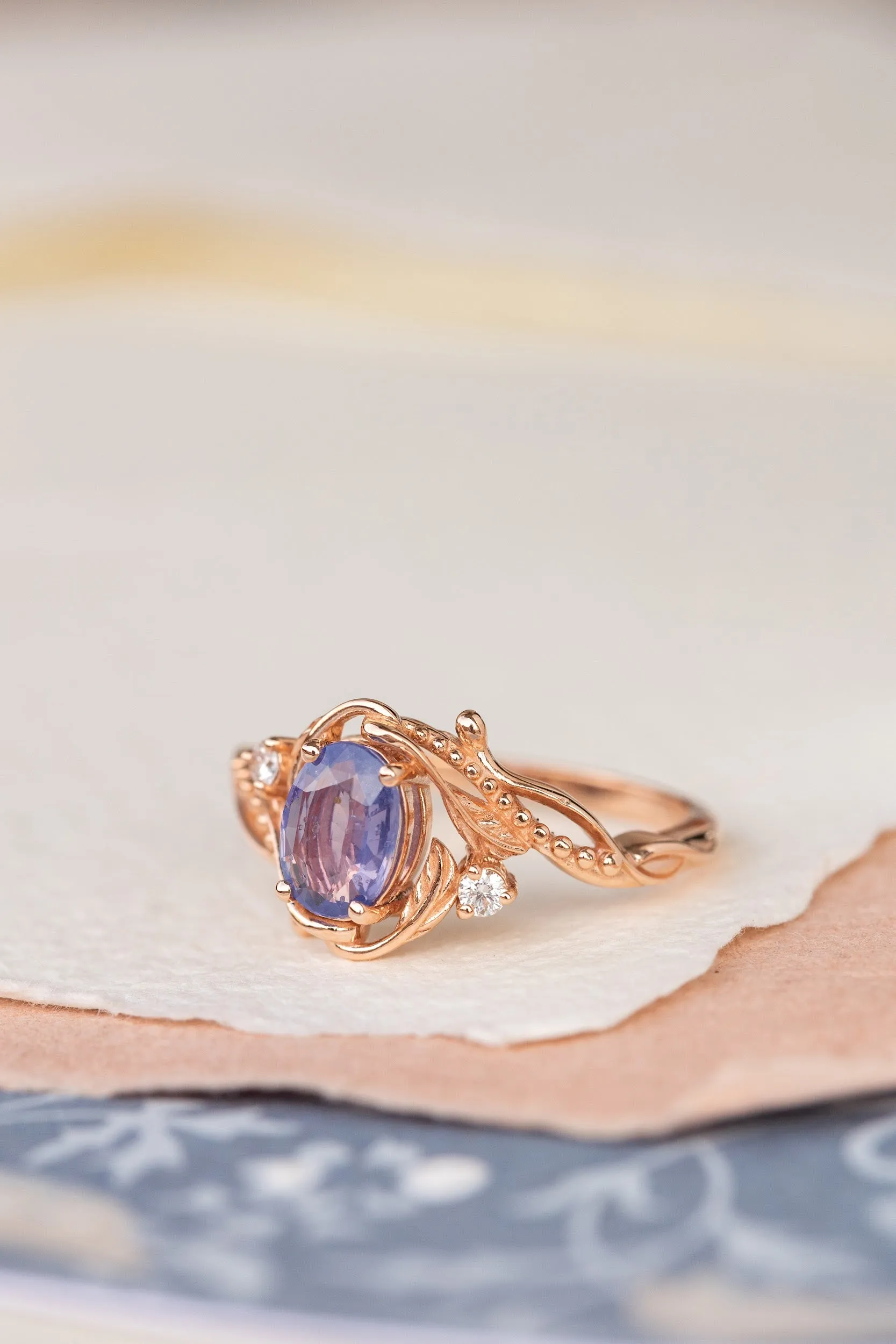 Mermaid violet natural sapphire engagement ring, rose gold engagement ring with sapphire and diamonds / Undina